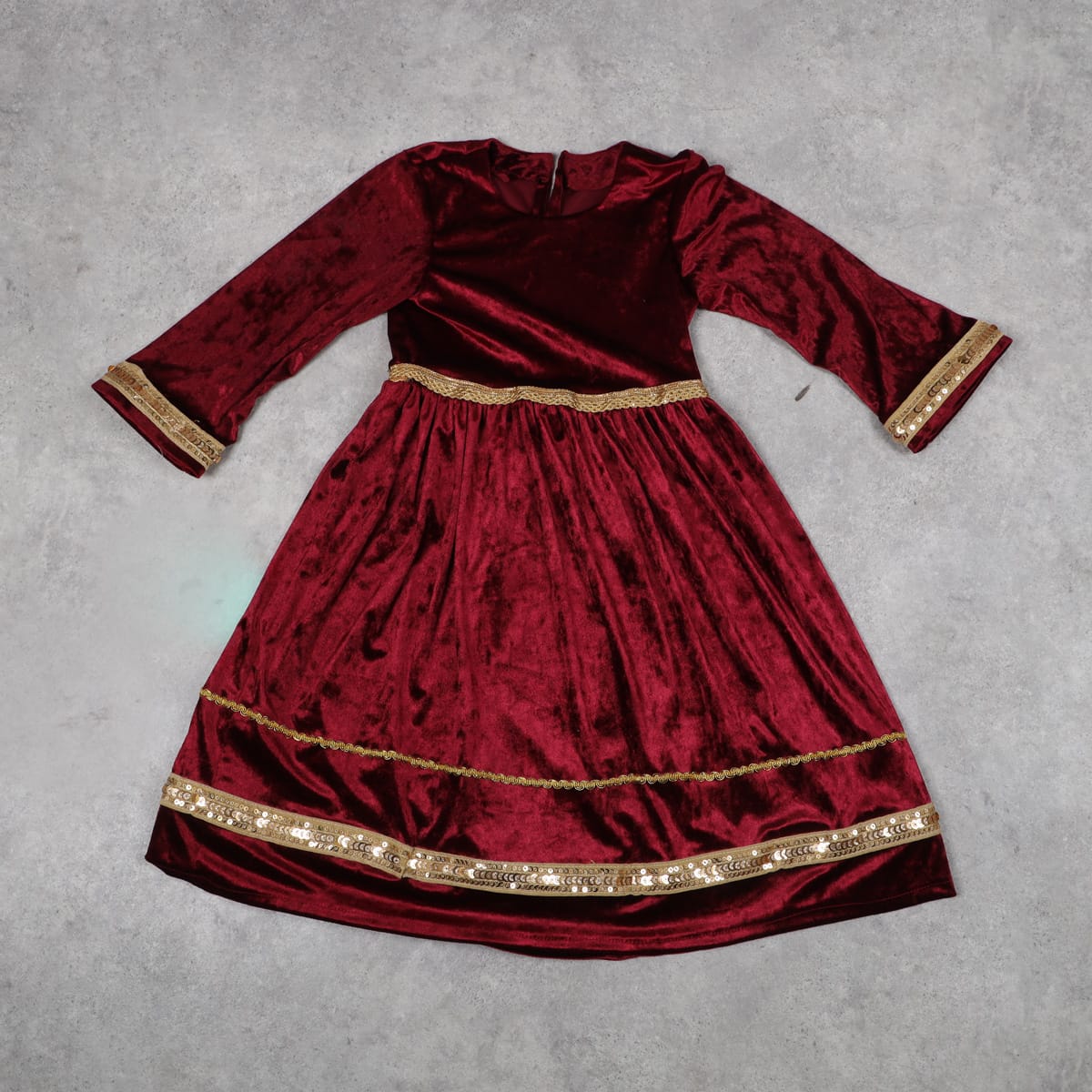 Maroon Velvet Party Dress with Golden Sequin Trim