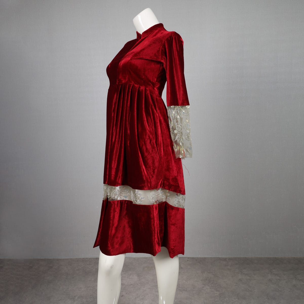 Red Velvet Dress with Sheer Gold Lace Panels - Cloth Sizes Women: Small