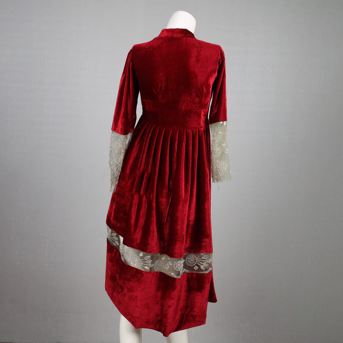 Red Velvet Dress with Sheer Gold Lace Panels