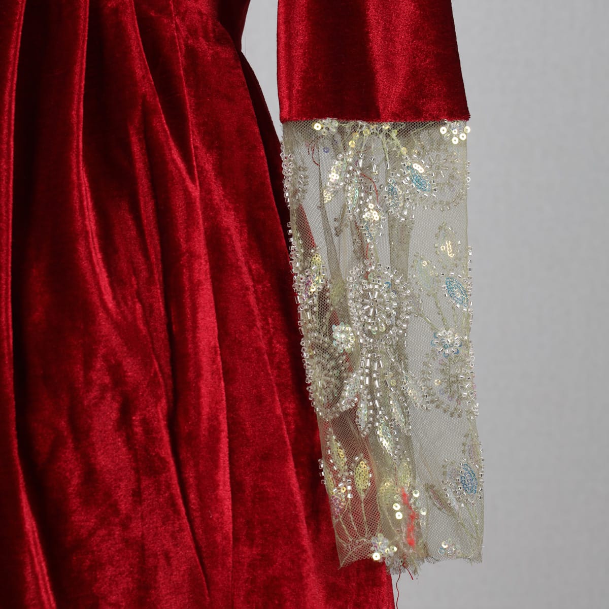 Red Velvet Dress with Sheer Gold Lace Panels - Cloth Sizes Women: Small
