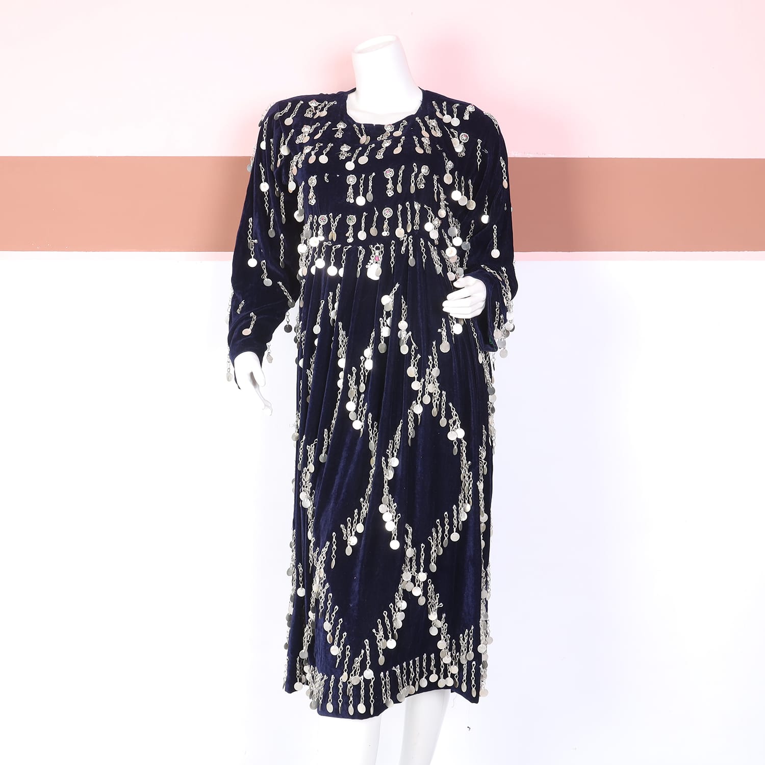 Navy Blue Velvet Traditional Dress with Silver Coin Embellishments