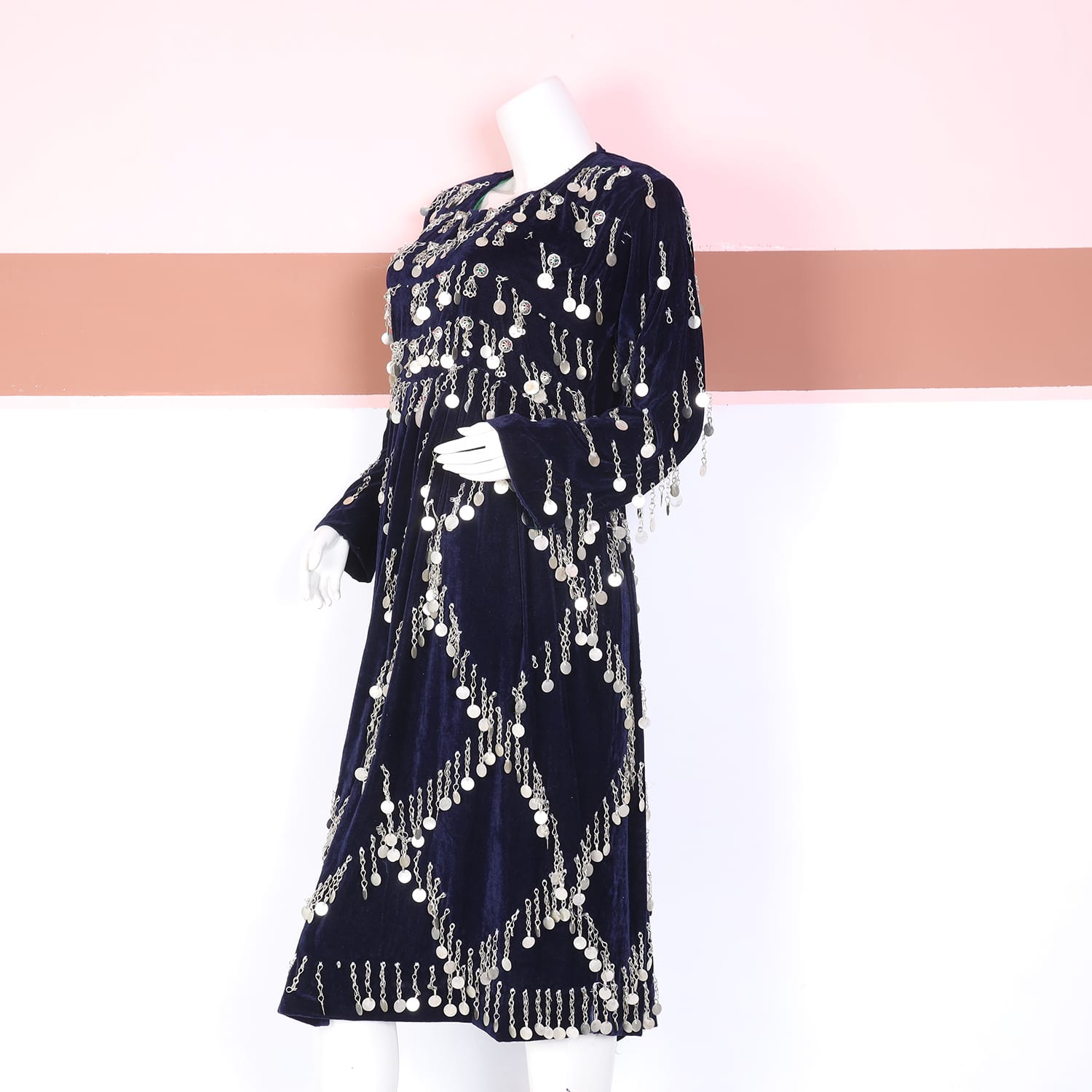 Navy Blue Velvet Traditional Dress with Silver Coin Embellishments