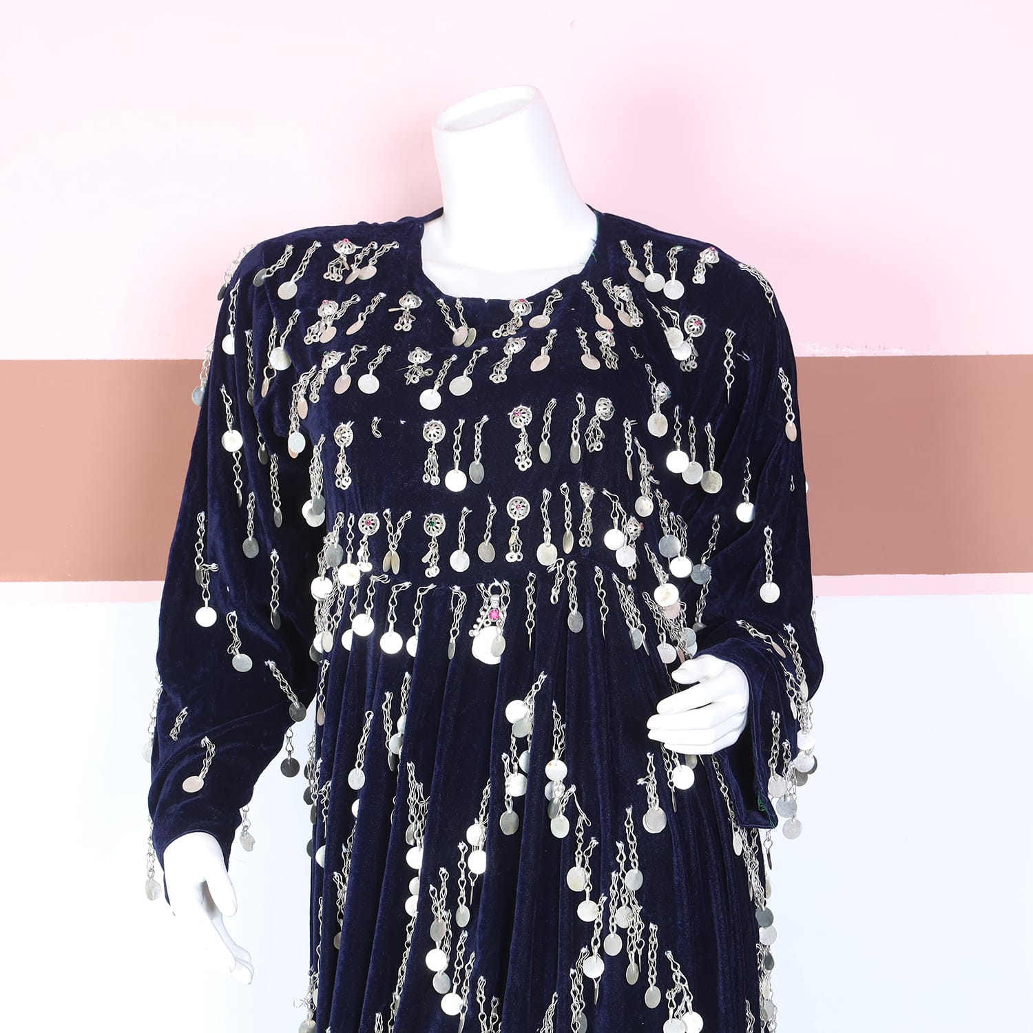 Navy Blue Velvet Traditional Dress with Silver Coin Embellishments