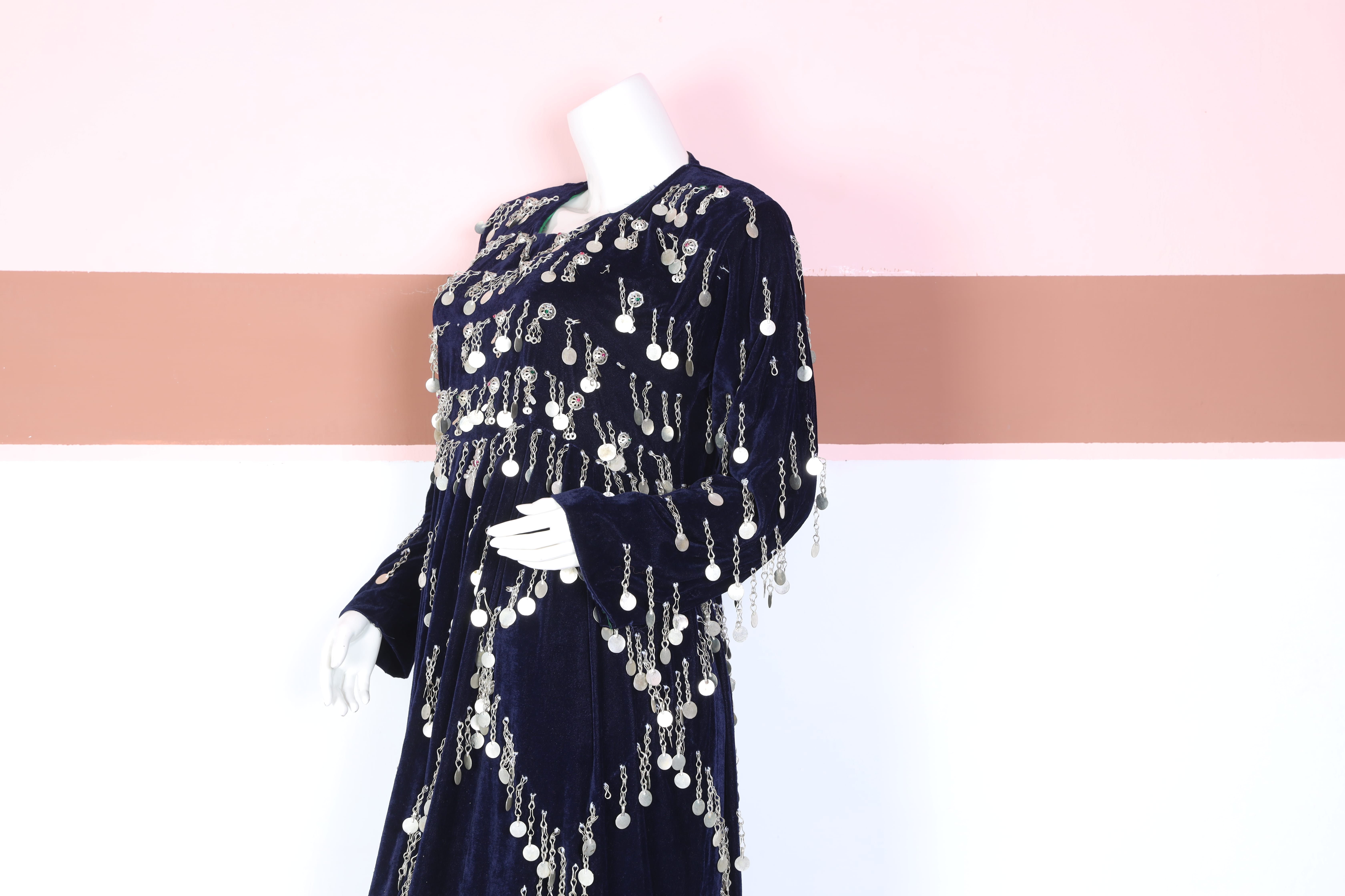 Navy Blue Velvet Traditional Dress with Silver Coin Embellishments