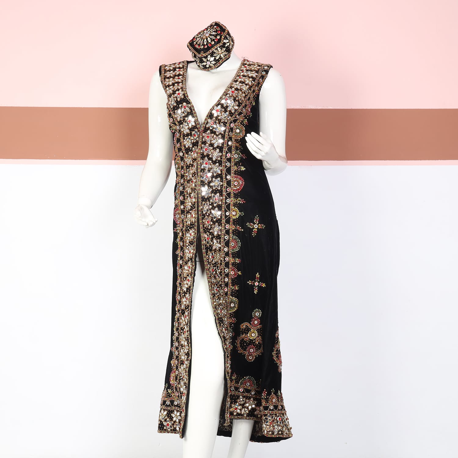 Black Sleeveless Embroidered Afghan Coat Dress with Matching Cap