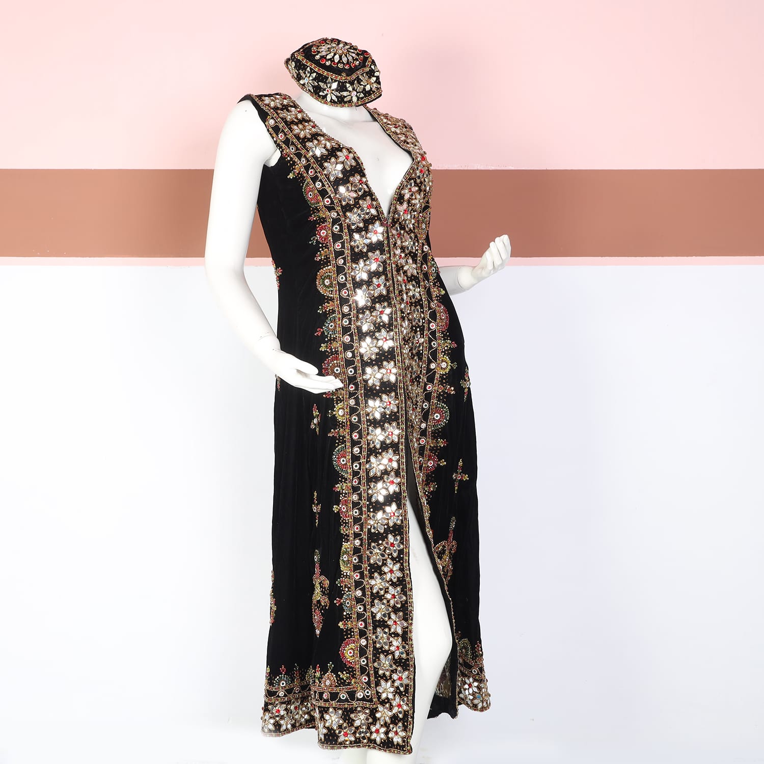 Black Sleeveless Embroidered Afghan Coat Dress with Matching Cap