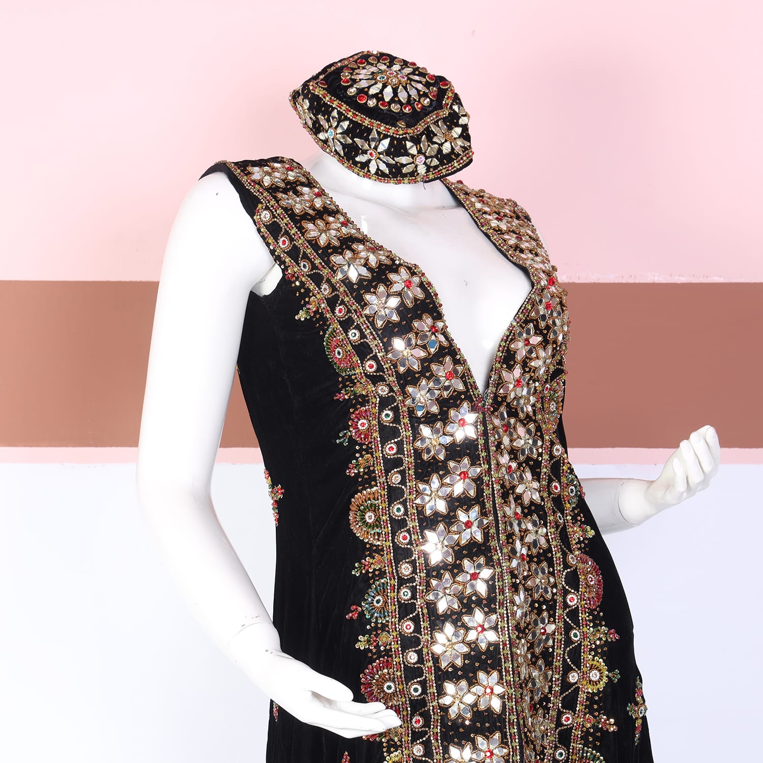 Black Sleeveless Embroidered Afghan Coat Dress with Matching Cap