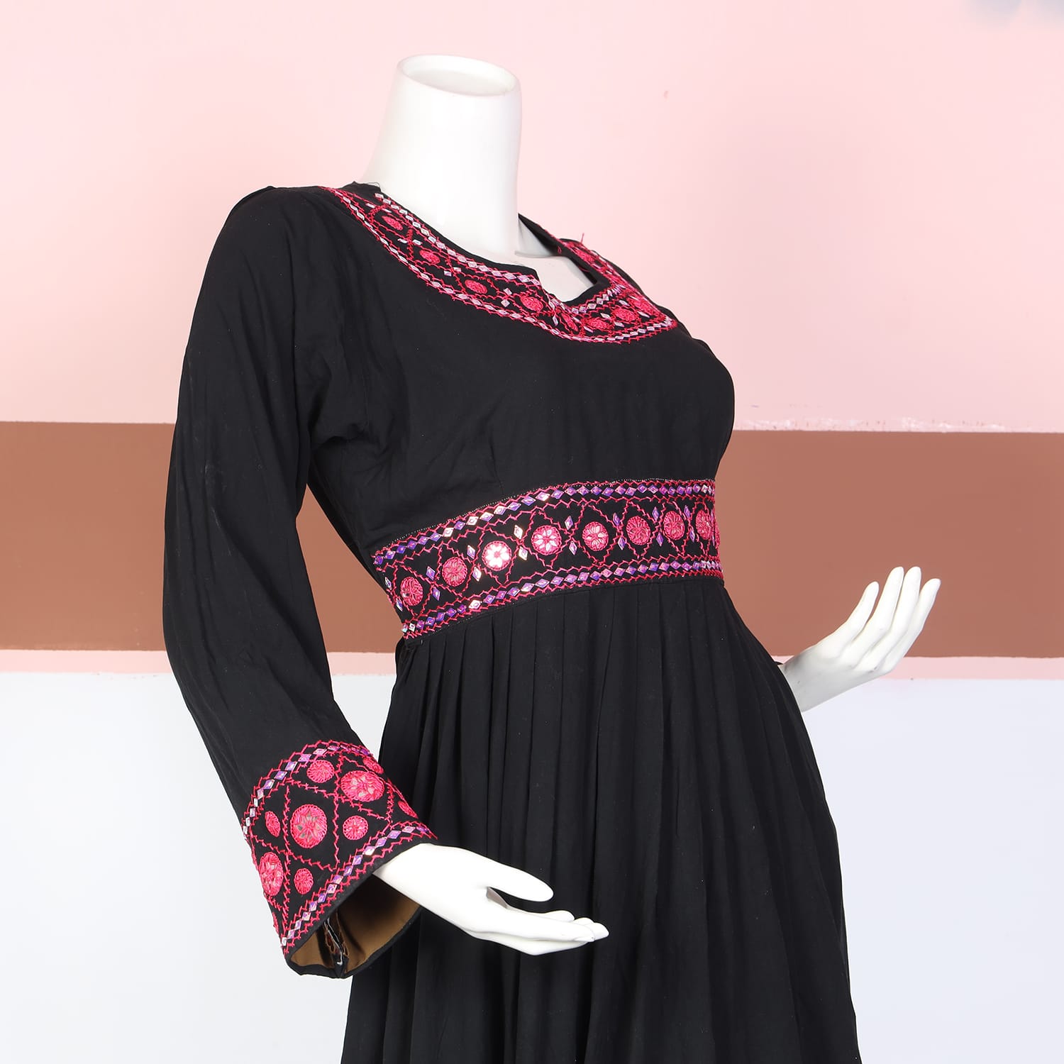Black Afghan Dress with Pink Embroidery – Long Sleeve Traditional Style