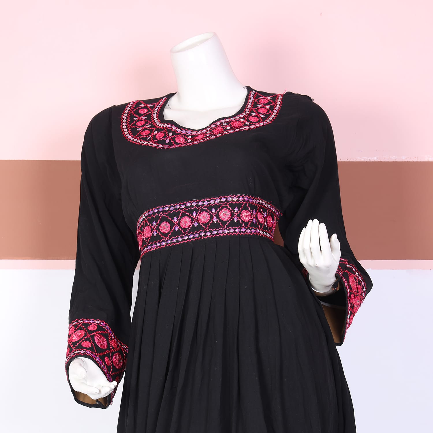 Black Afghan Dress with Pink Embroidery – Long Sleeve Traditional Style