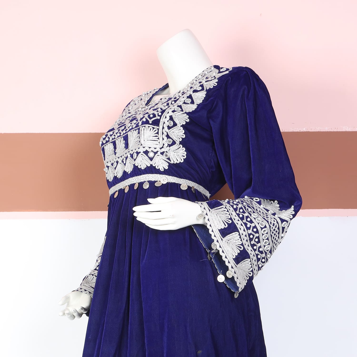 Deep Blue Velvet Afghan Dress with Silver Embroidery