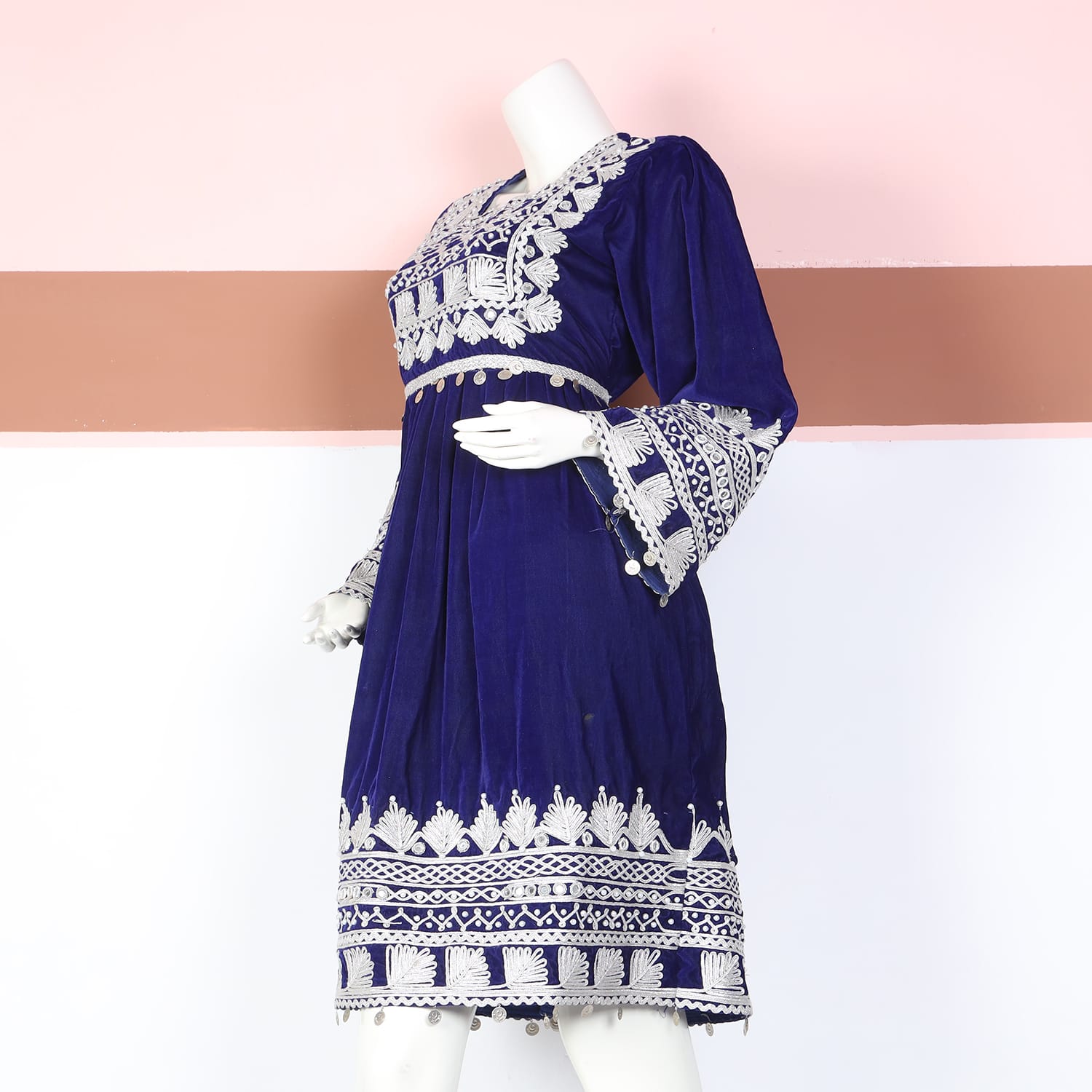 Deep Blue Velvet Afghan Dress with Silver Embroidery