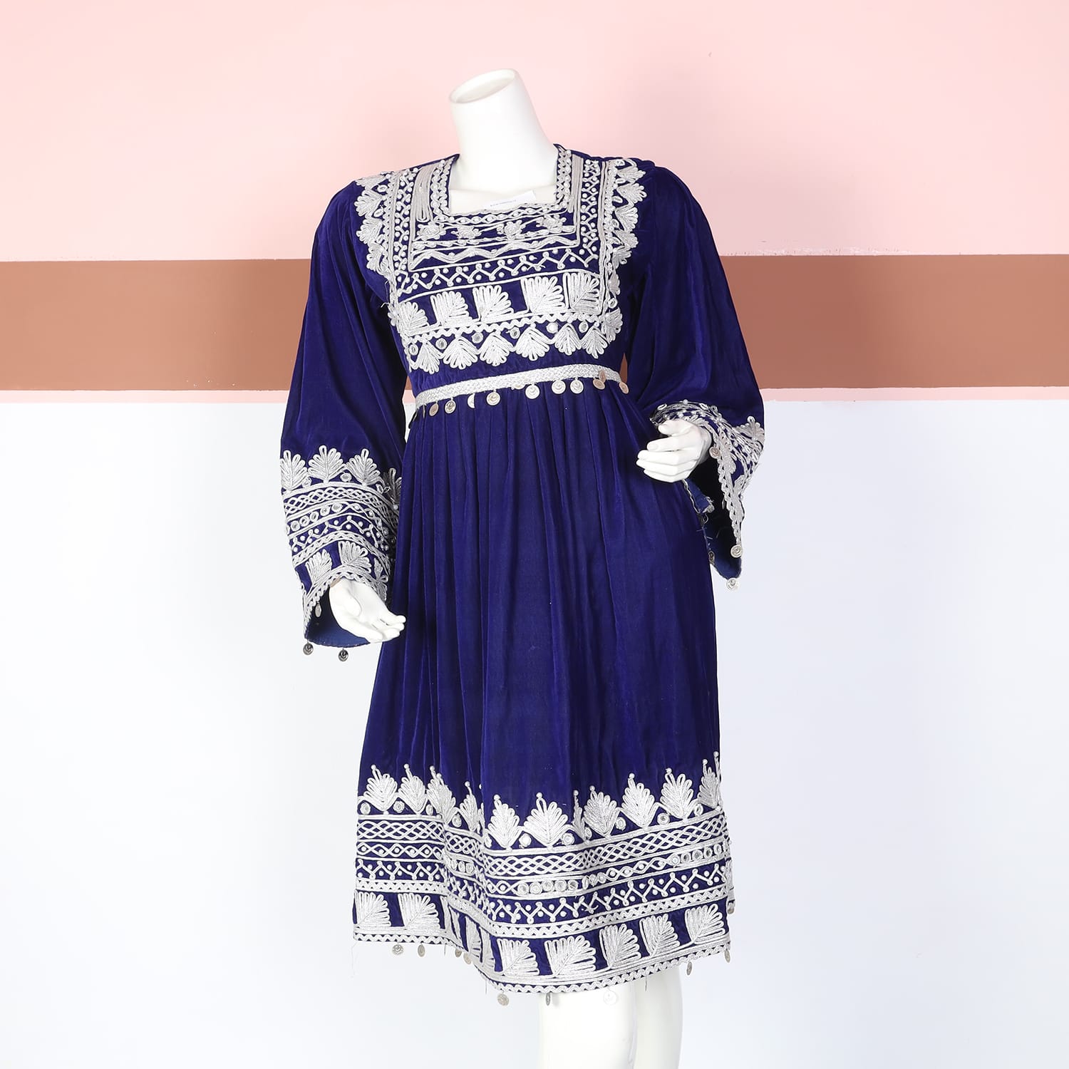 Deep Blue Velvet Afghan Dress with Silver Embroidery