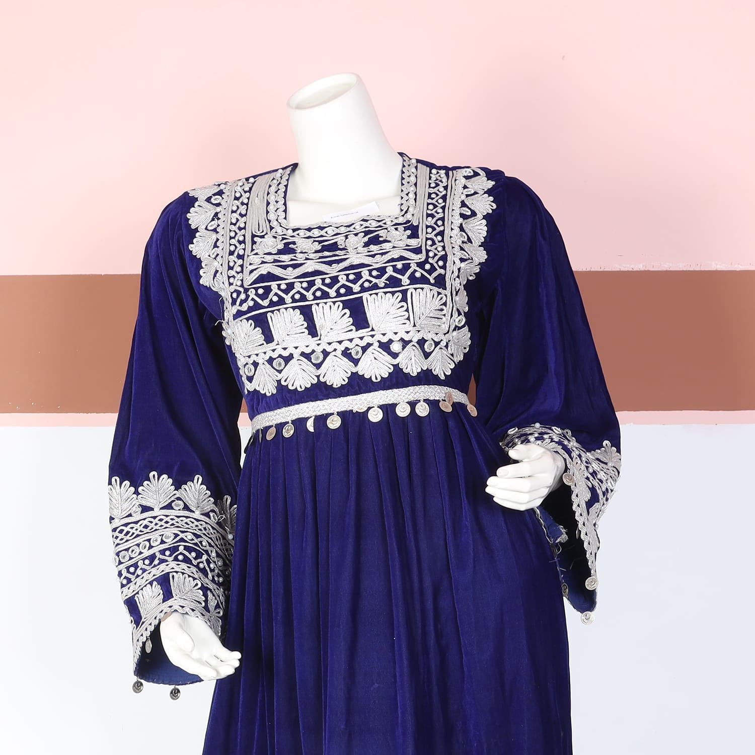 Deep Blue Velvet Afghan Dress with Silver Embroidery