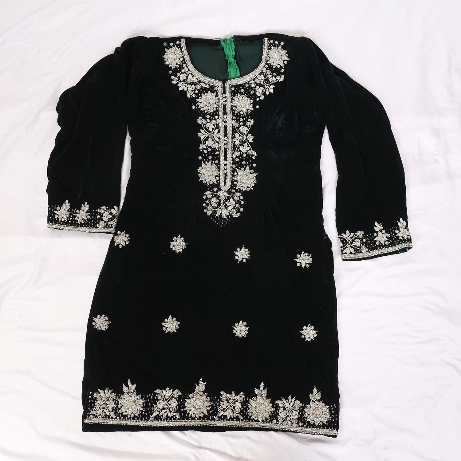 Dark Green Velvet Afghan Dress with Silver Floral Embroidery