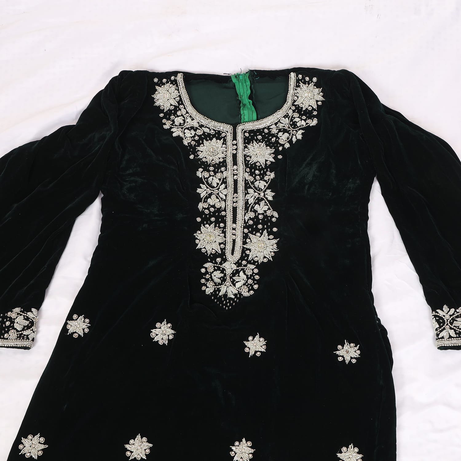 Dark Green Velvet Afghan Dress with Silver Floral Embroidery