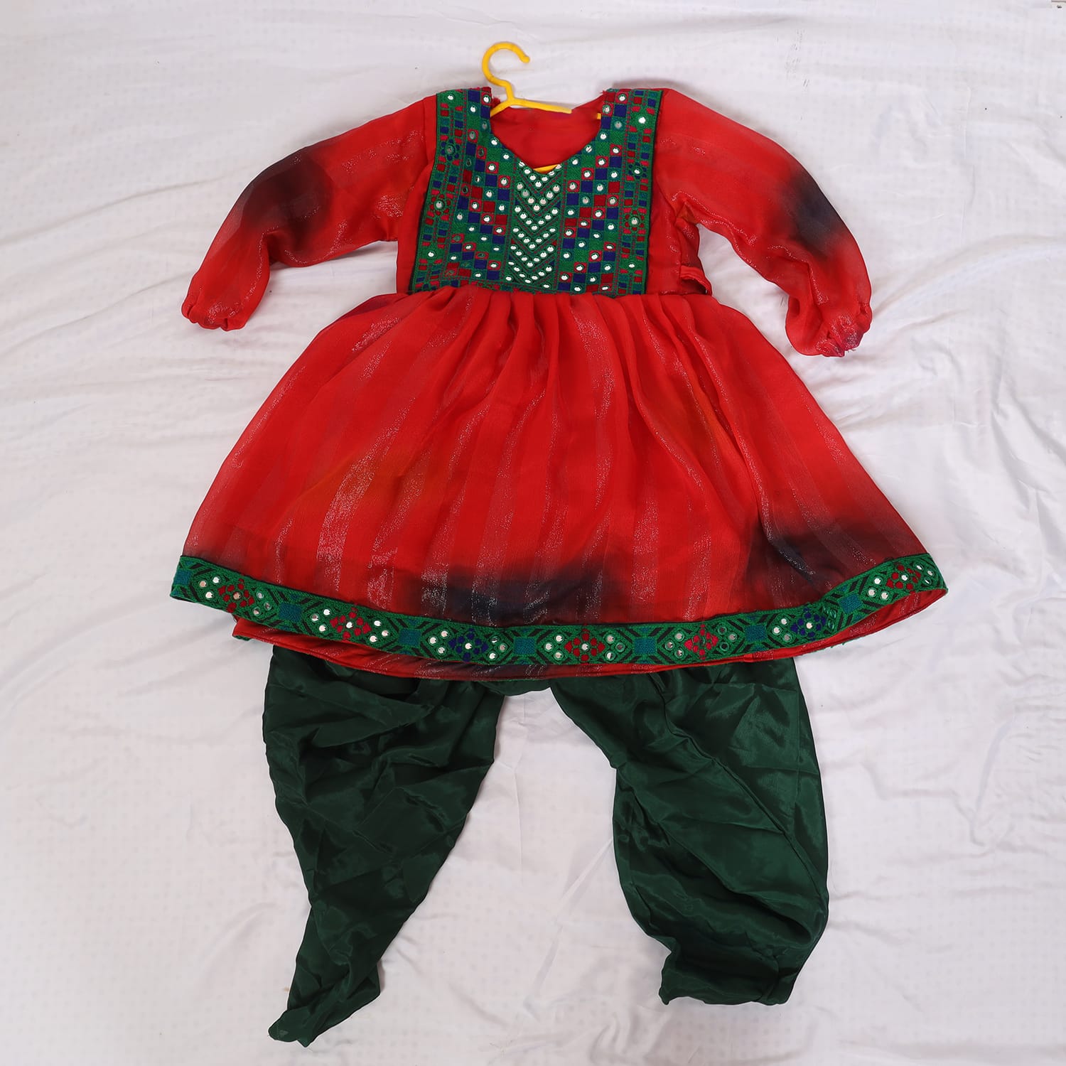 Traditional Red and Green Afghan Dress for Girls 