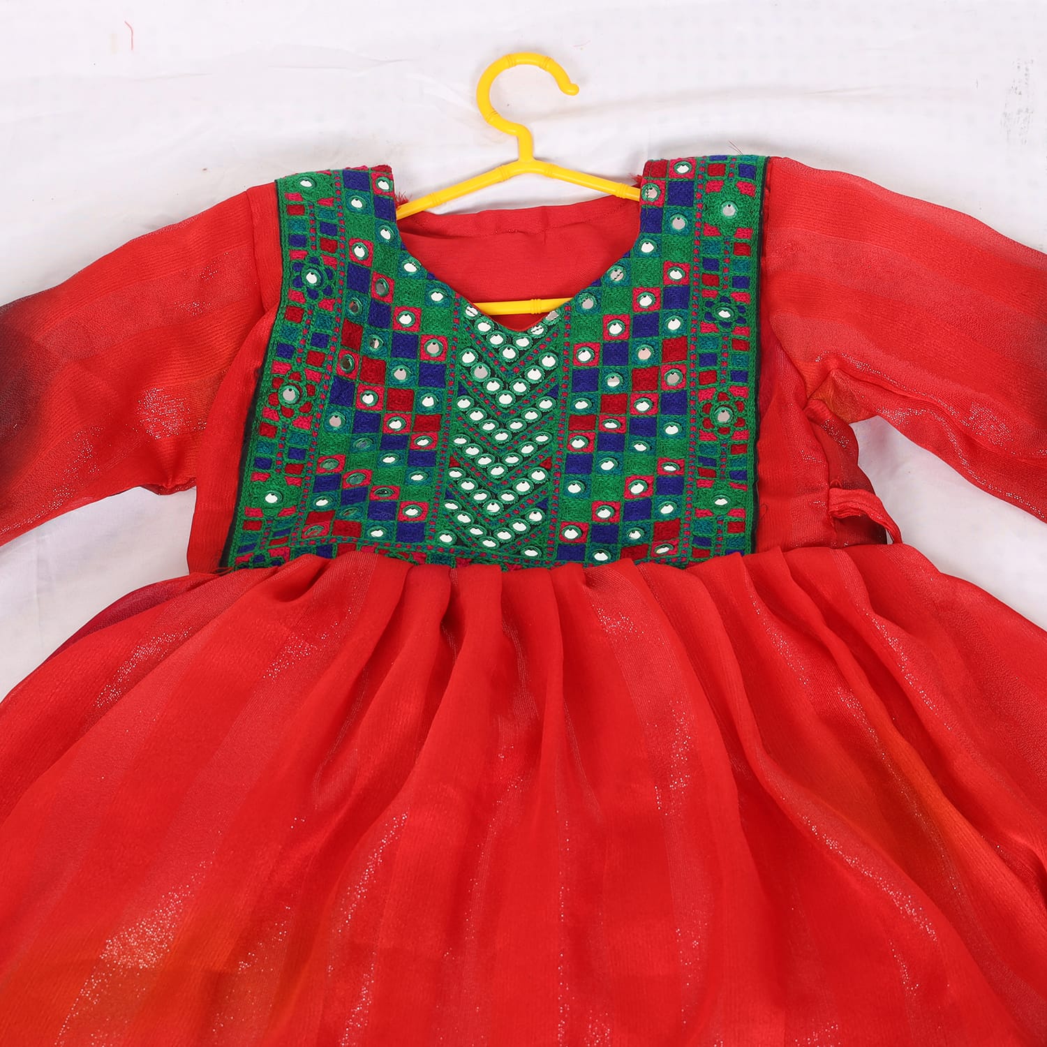 Traditional Red and Green Afghan Dress for Girls 