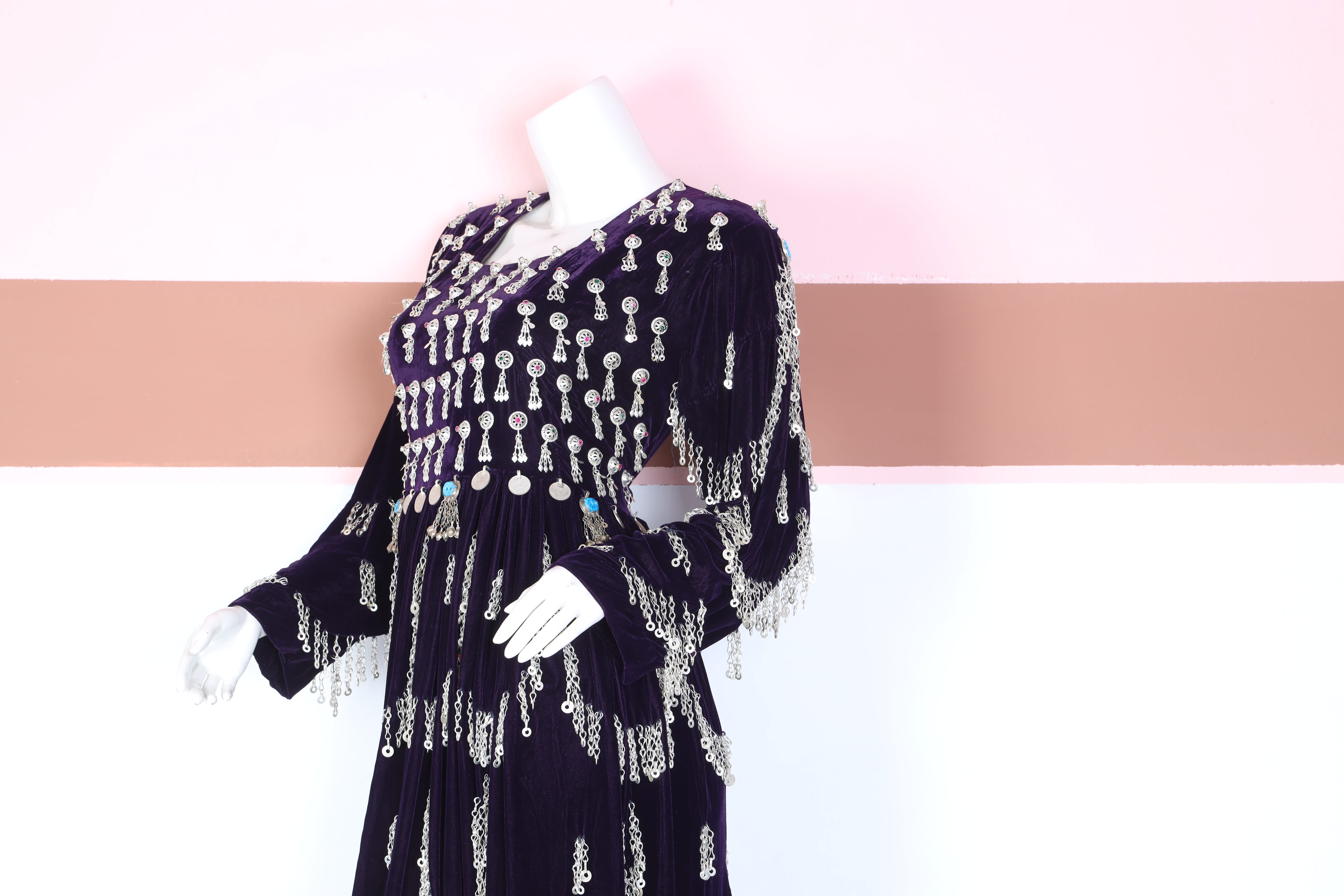 Deep Purple Velvet Traditional Dress with Silver Coin Work