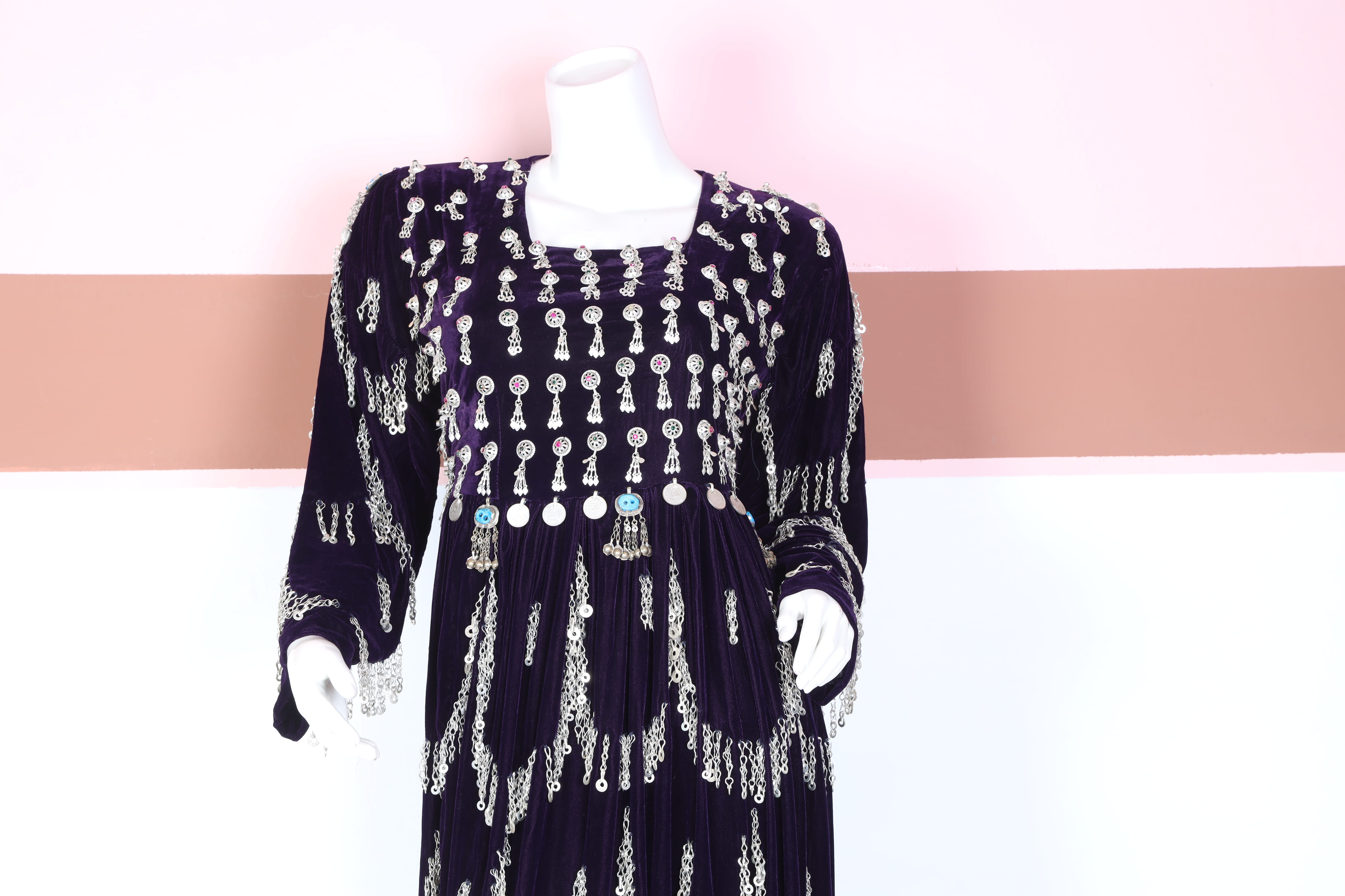 Deep Purple Velvet Traditional Dress with Silver Coin Work