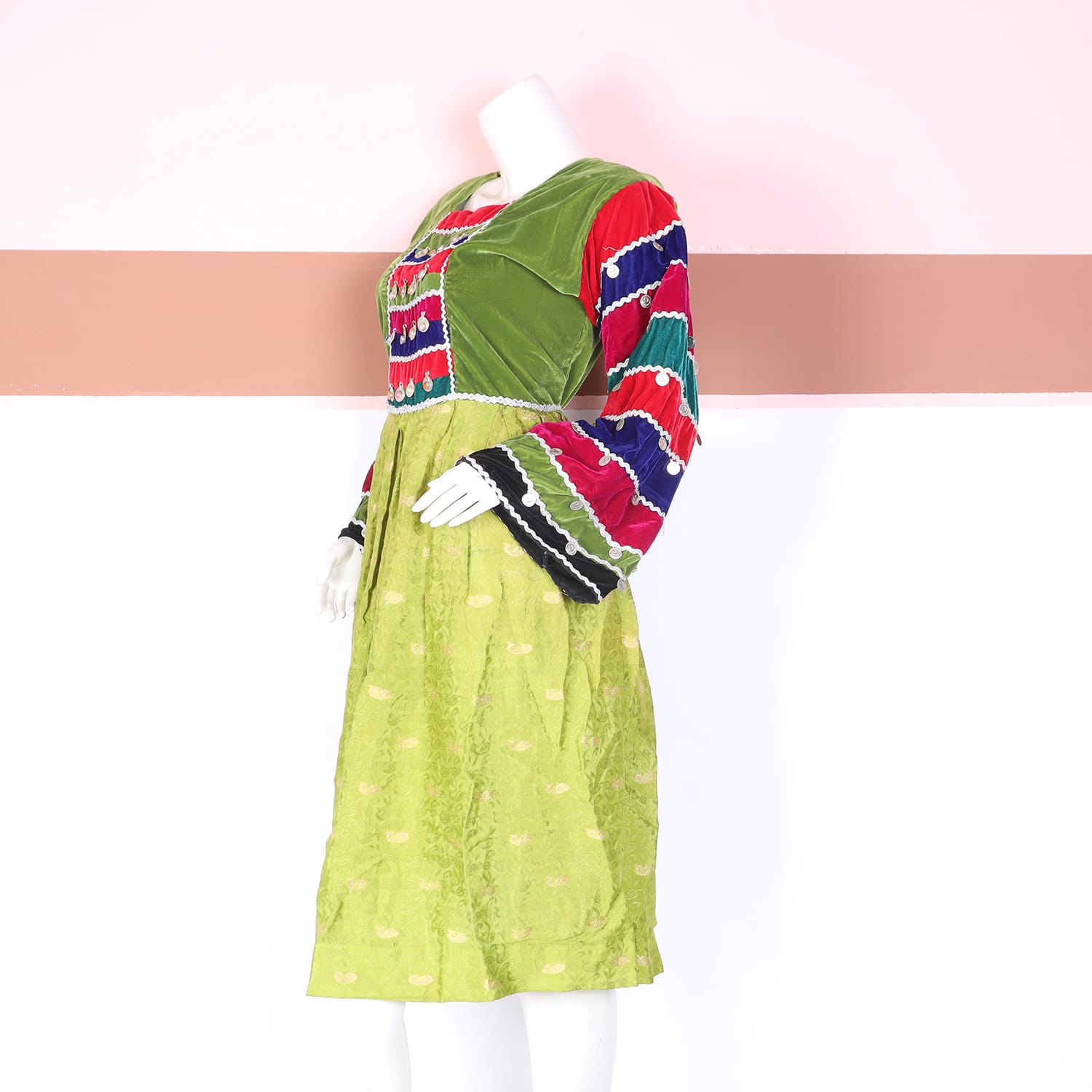 Multicolor Traditional Green Frock with Velvet Bodice & Embroidered Sleeves