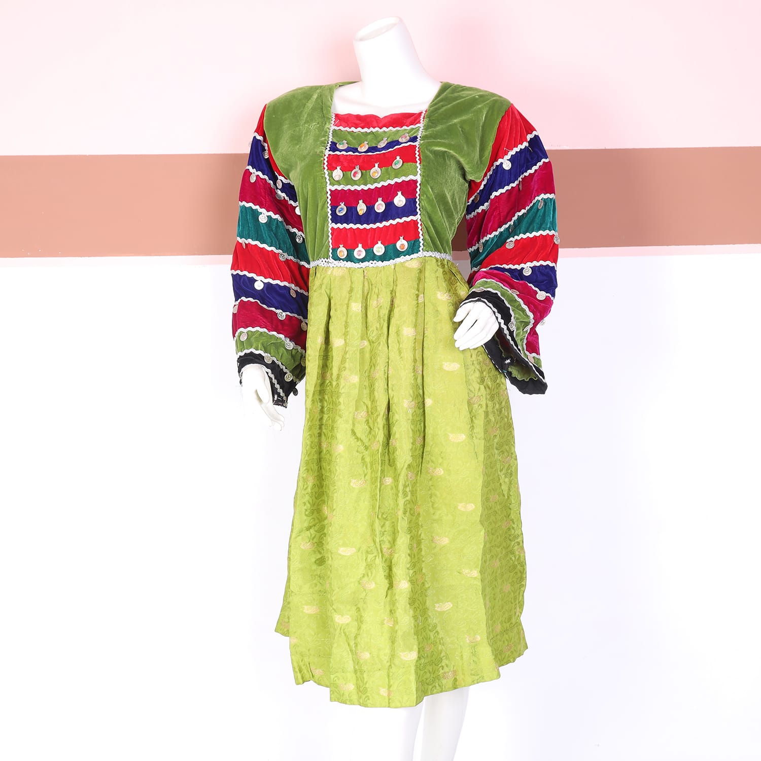 Multicolor Traditional Green Frock with Velvet Bodice & Embroidered Sleeves