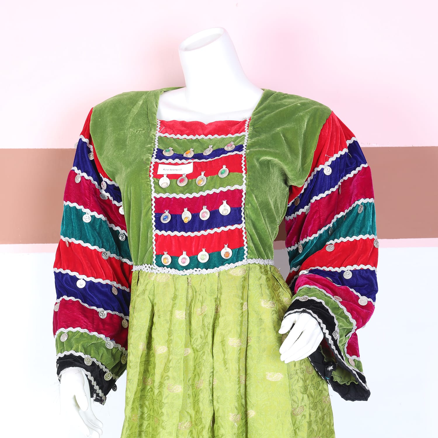 Multicolor Traditional Green Frock with Velvet Bodice & Embroidered Sleeves