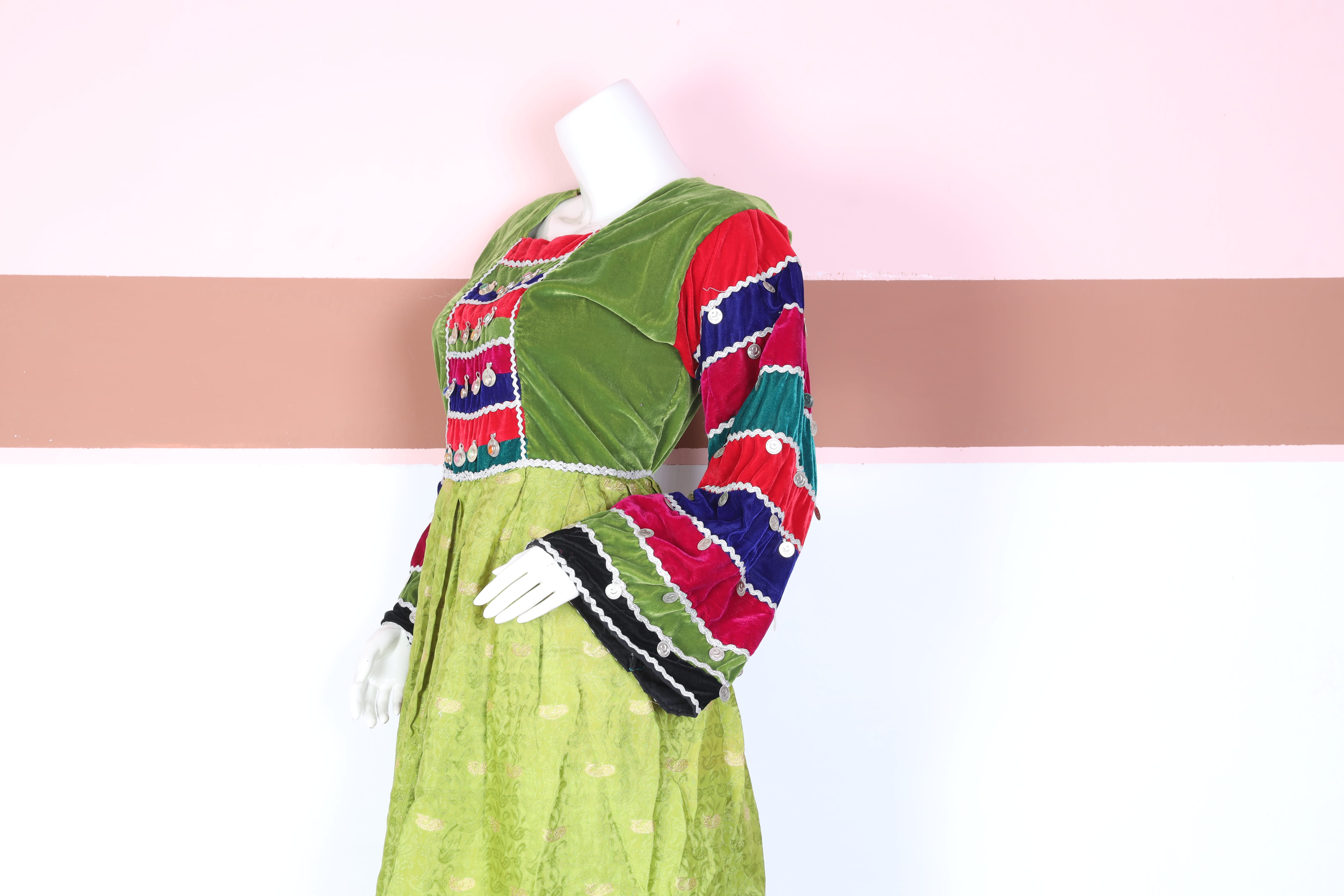 Multicolor Traditional Green Frock with Velvet Bodice & Embroidered Sleeves