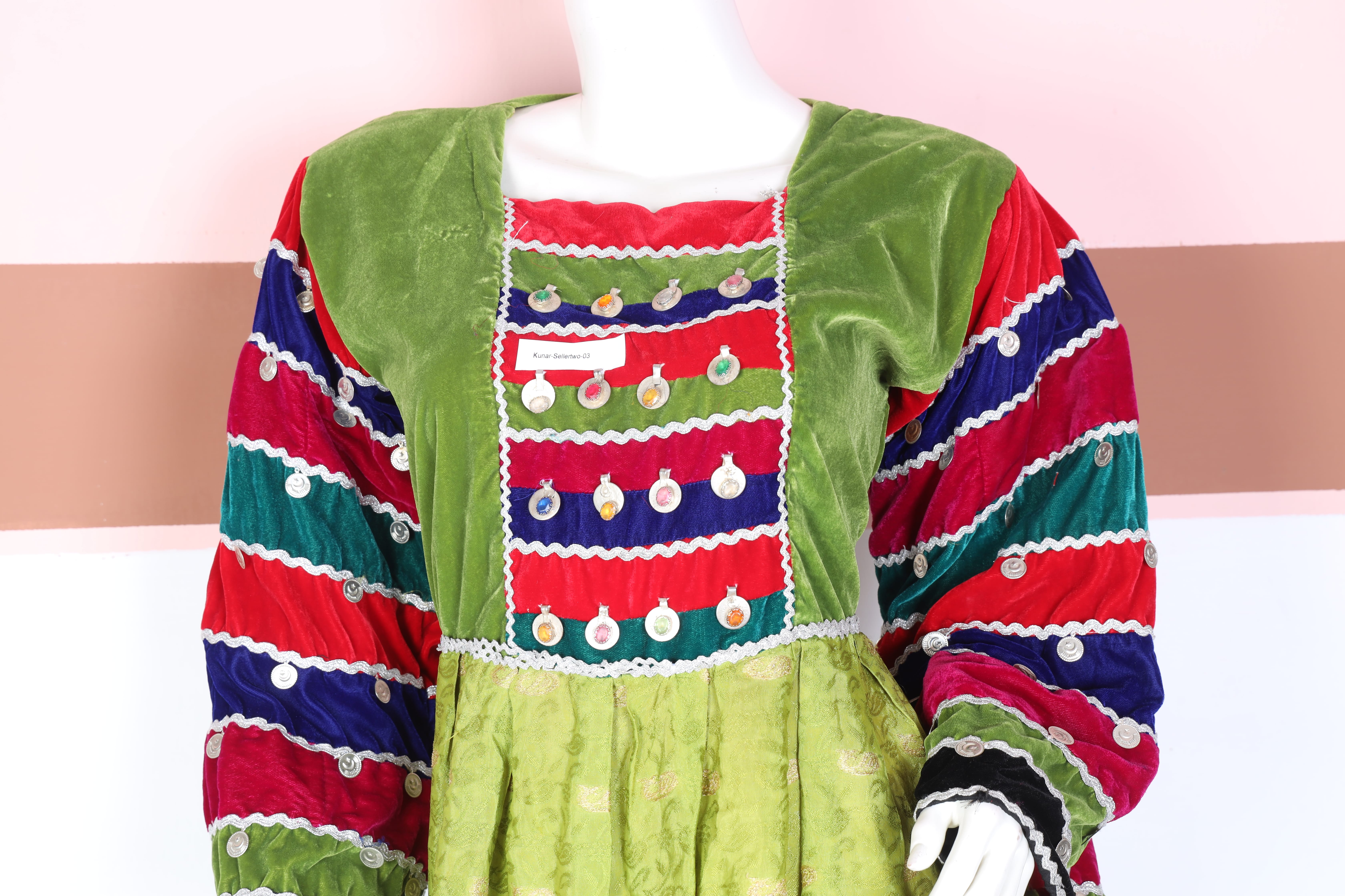 Multicolor Traditional Green Frock with Velvet Bodice & Embroidered Sleeves