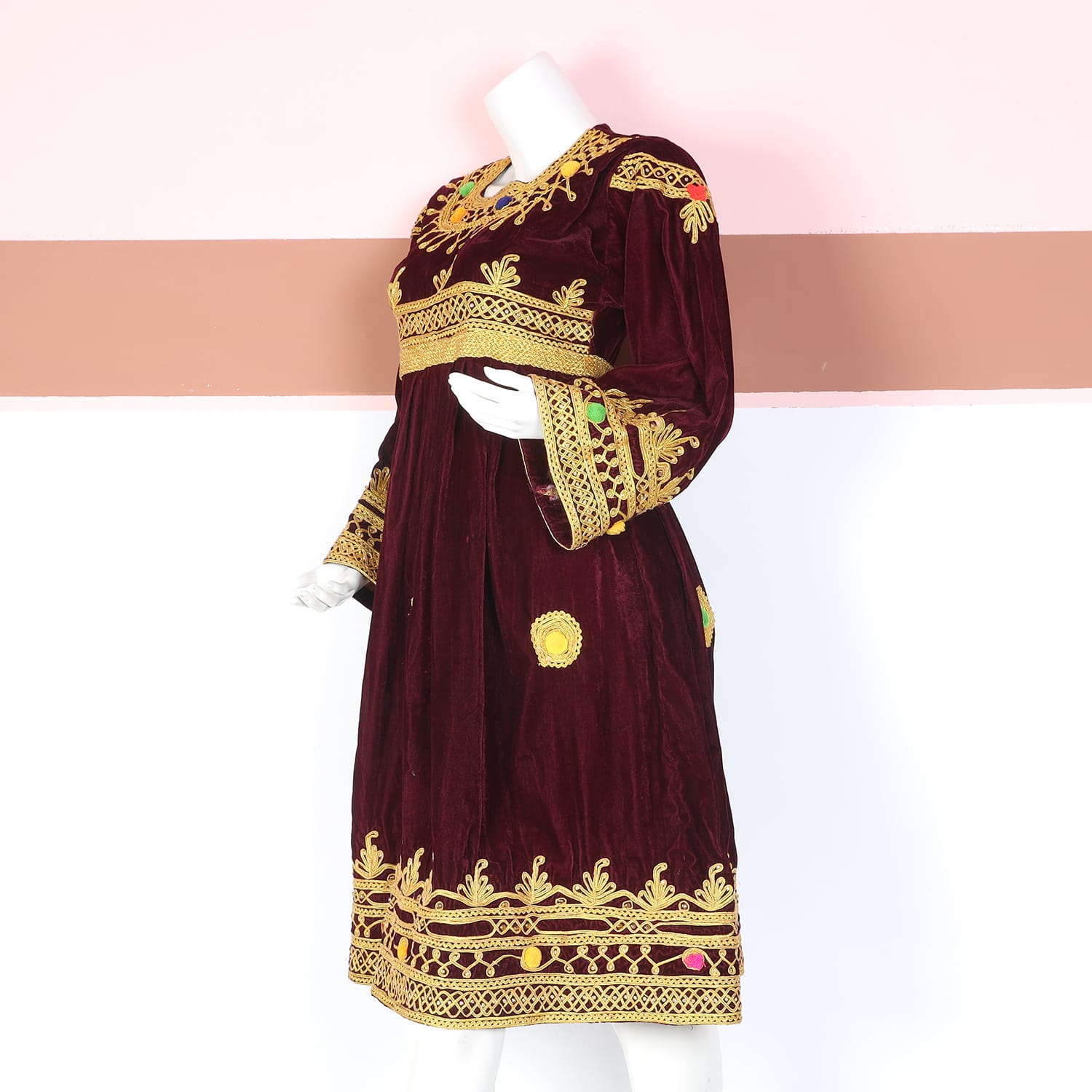 Maroon Velvet Traditional Dress with Golden Embroidery