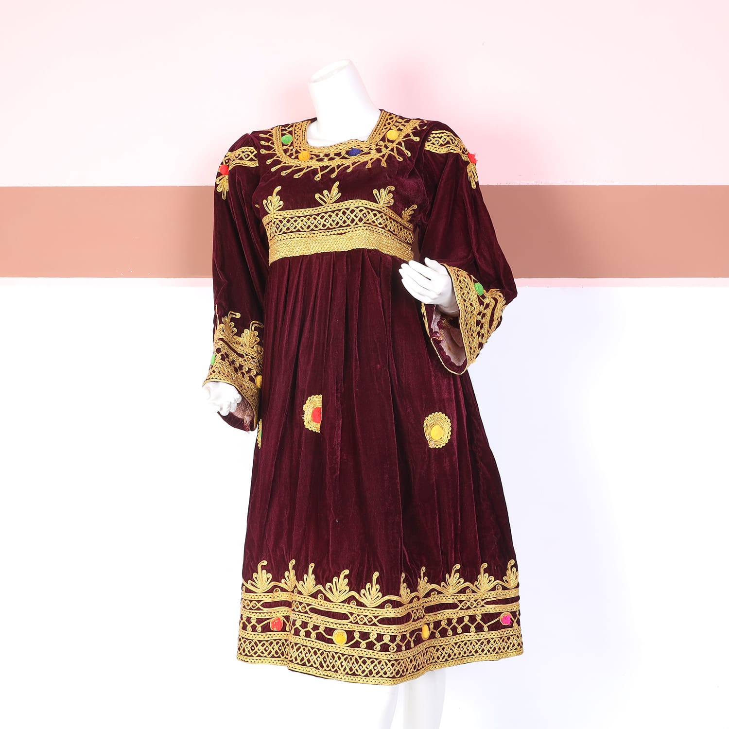 Maroon Velvet Traditional Dress with Golden Embroidery