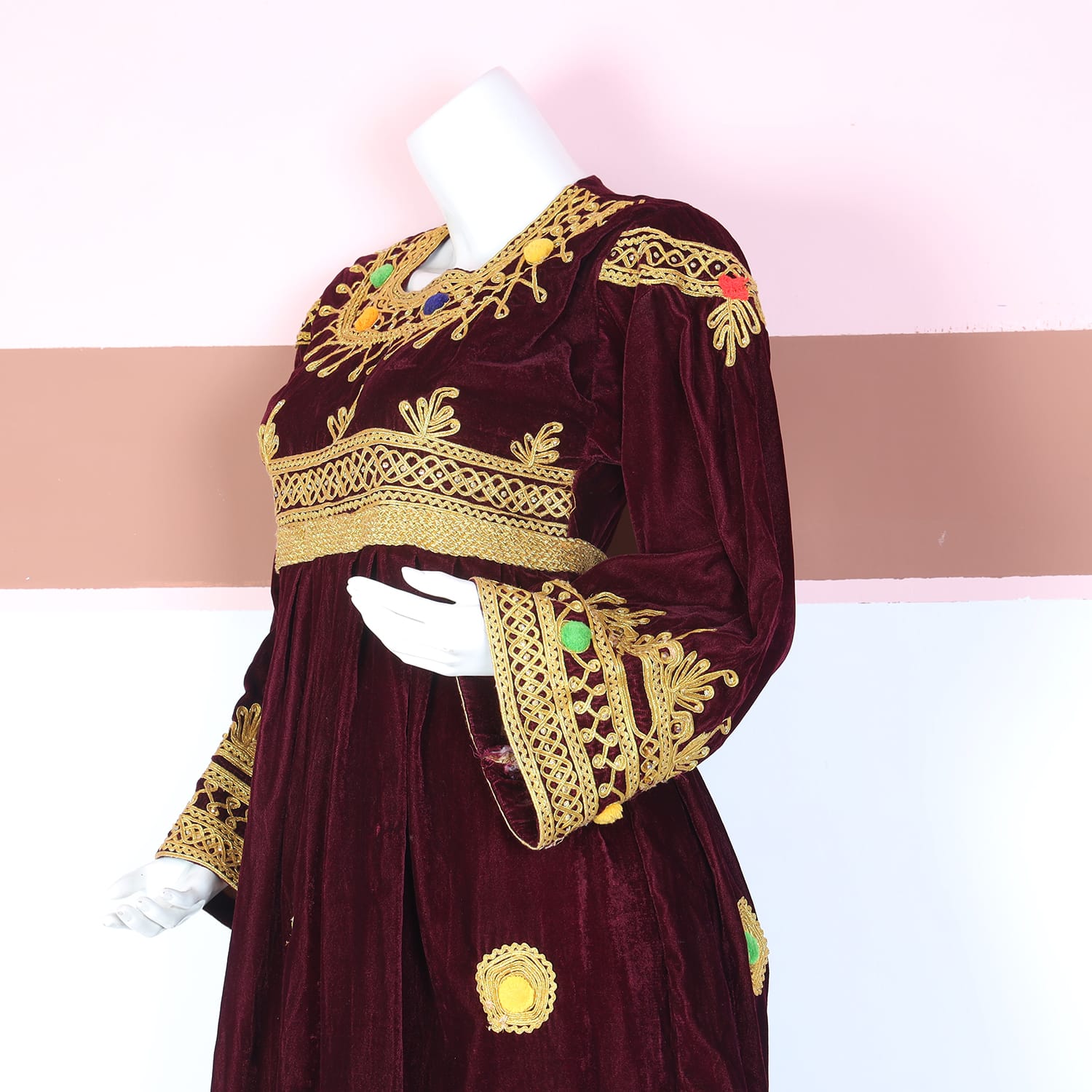 Maroon Velvet Traditional Dress with Golden Embroidery