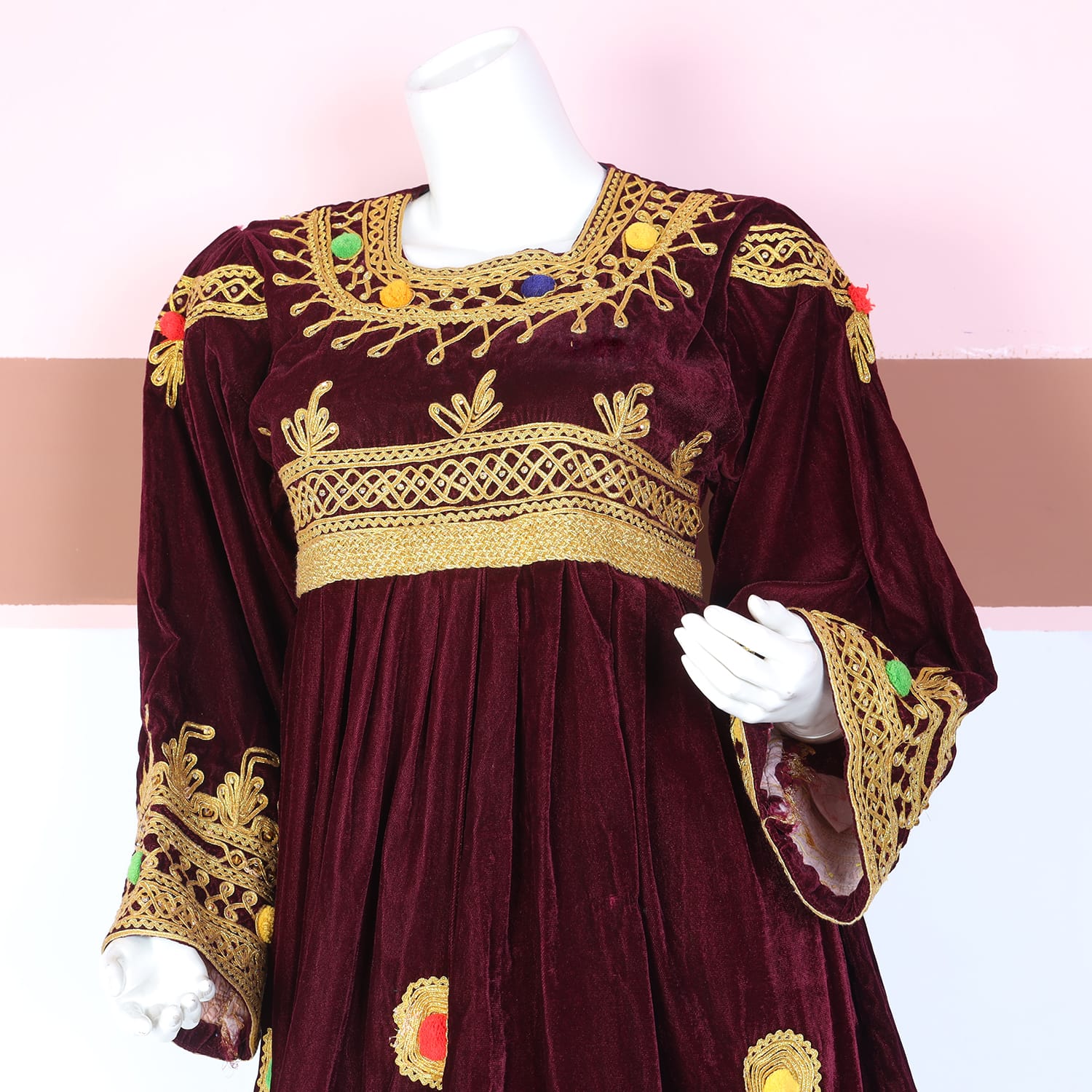 Maroon Velvet Traditional Dress with Golden Embroidery