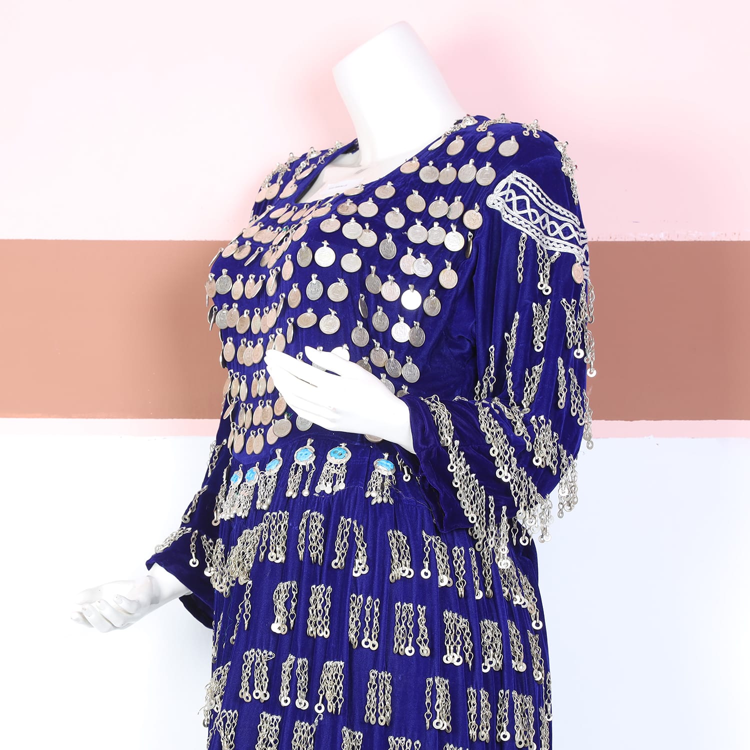 Royal Blue Traditional Dress with Silver Coin Embellishments
