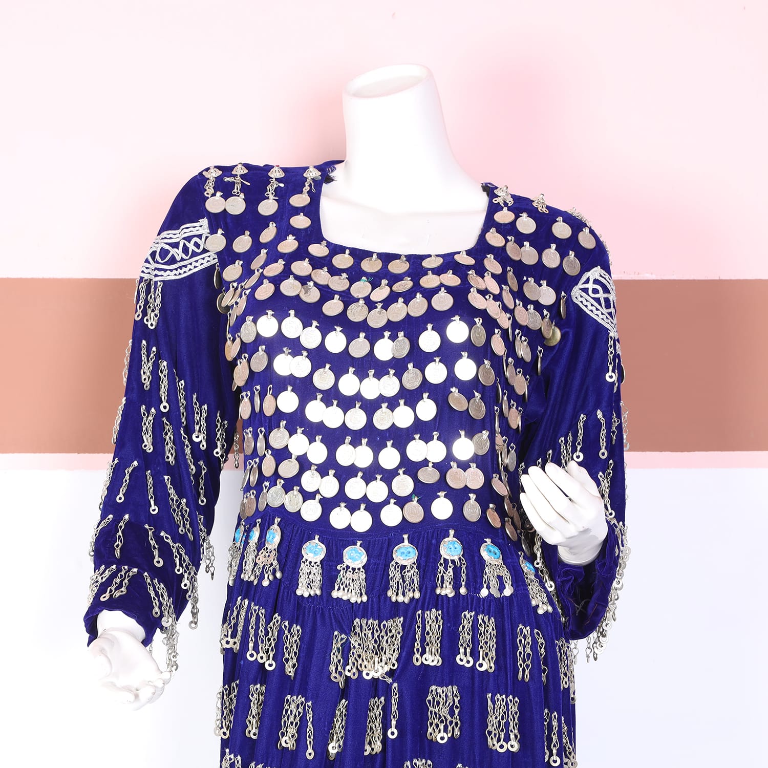 Royal Blue Traditional Dress with Silver Coin Embellishments