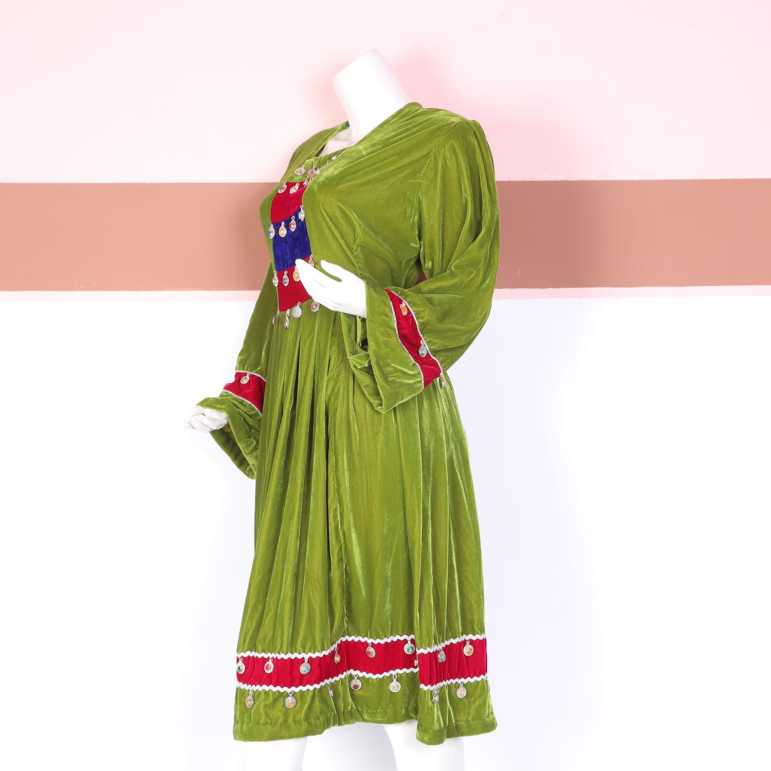 Green Velvet Traditional Dress with Red & Blue Panel Embellishment