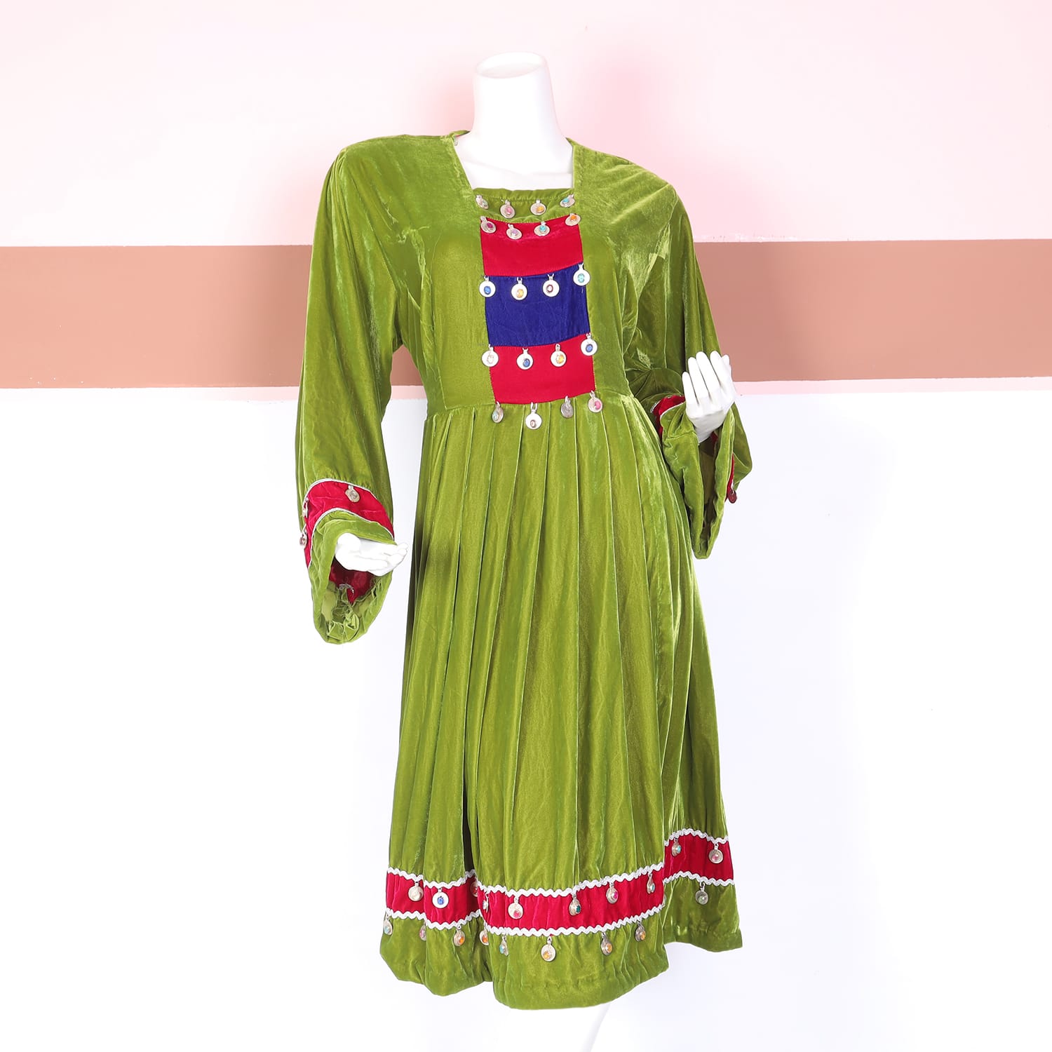 Green Velvet Traditional Dress with Red & Blue Panel Embellishment