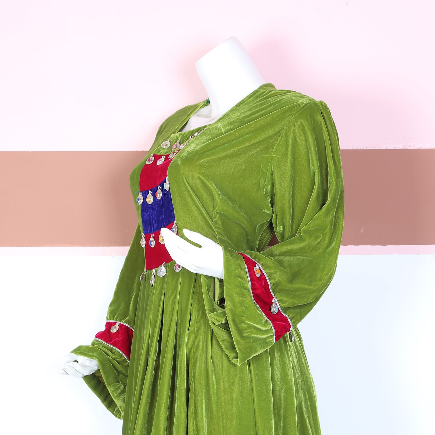 Green Velvet Traditional Dress with Red & Blue Panel Embellishment
