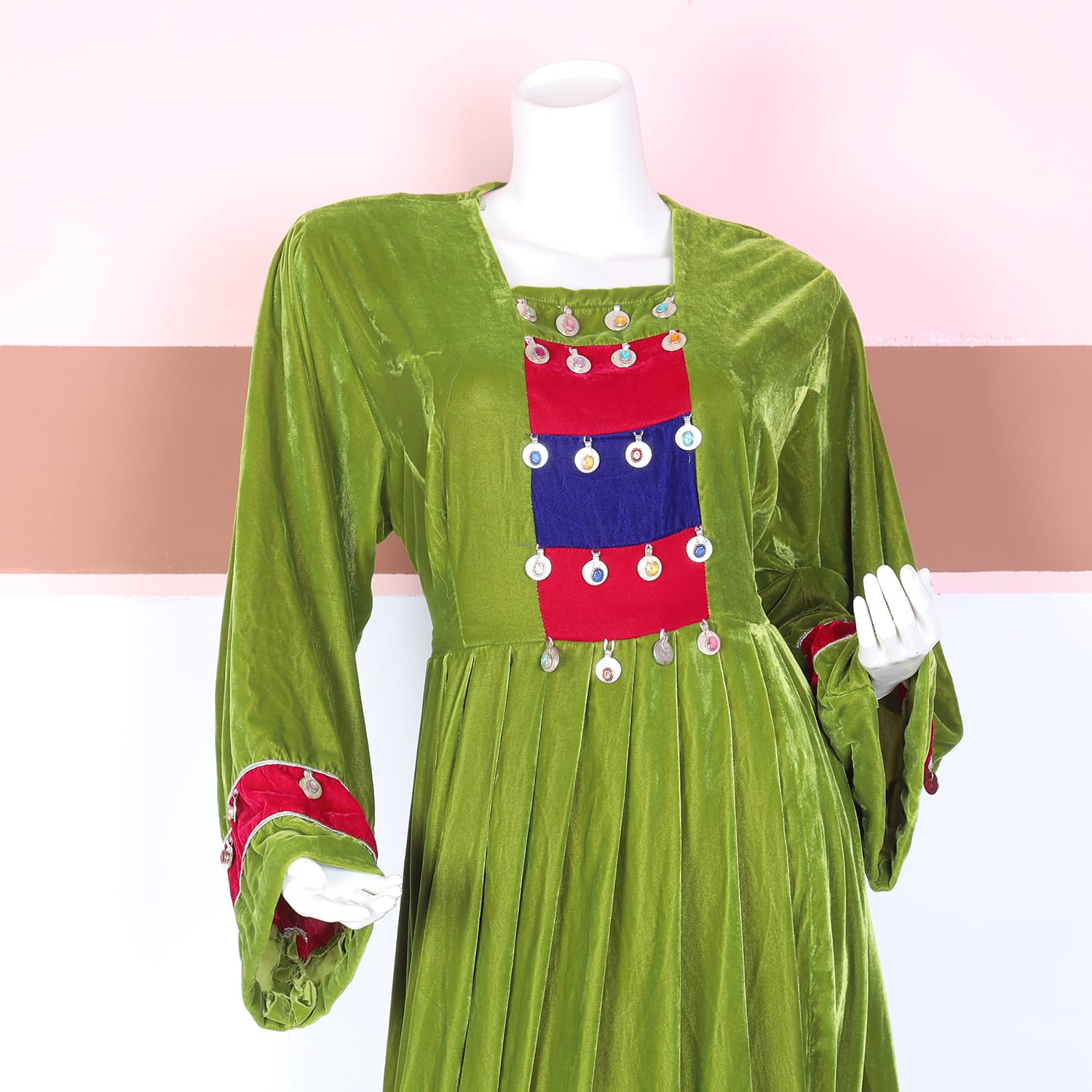 Green Velvet Traditional Dress with Red & Blue Panel Embellishment