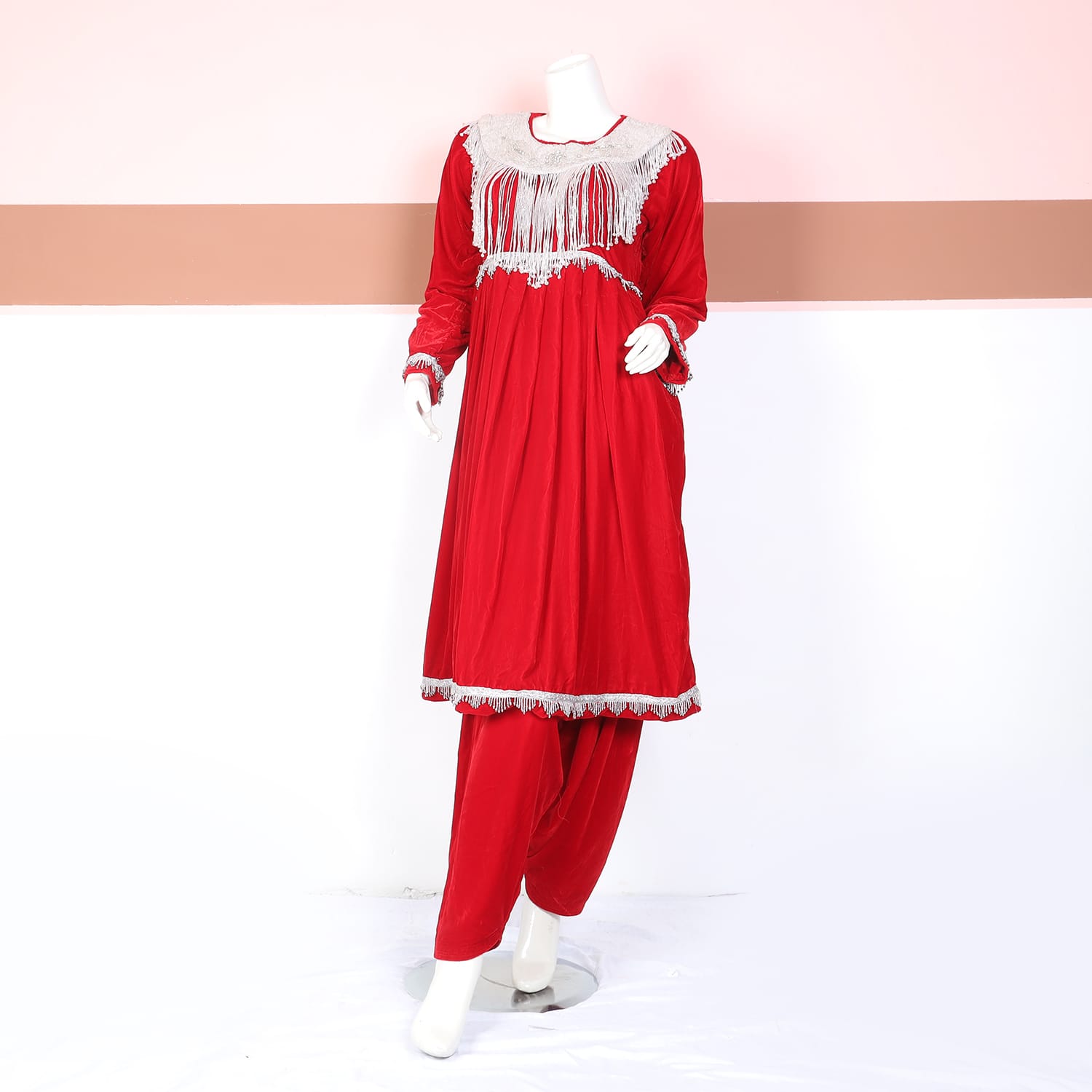Elegant Red Traditional Dress with Silver Tassel Detailing