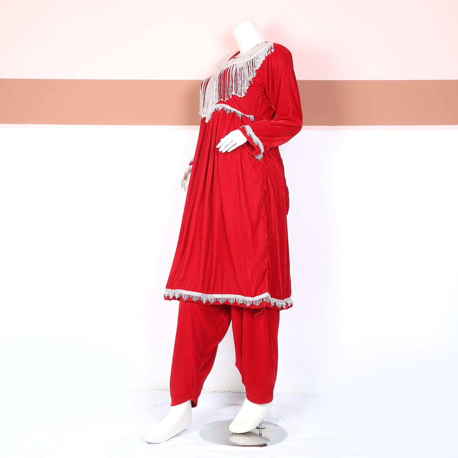 Elegant Red Traditional Dress with Silver Tassel Detailing