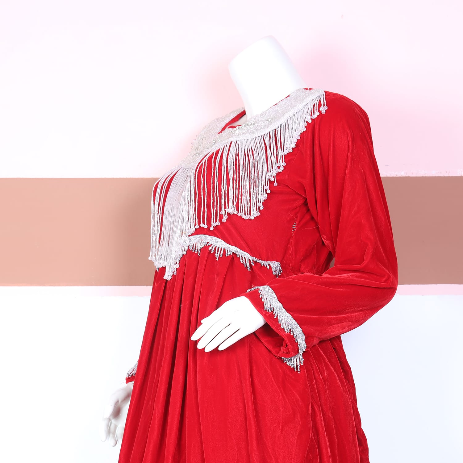 Elegant Red Traditional Dress with Silver Tassel Detailing