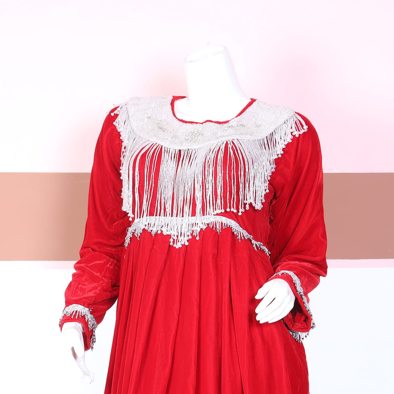 Elegant Red Traditional Dress with Silver Tassel Detailing
