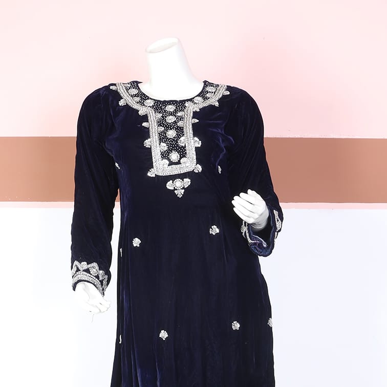 Navy Blue Velvet Embroidered Traditional Suit