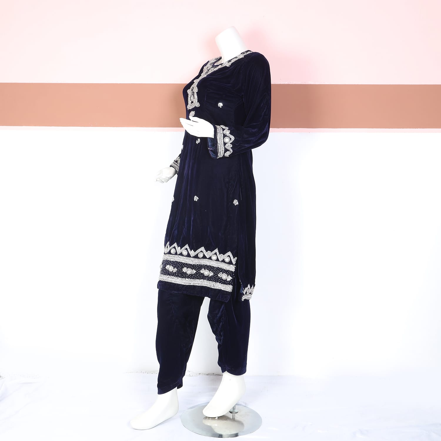 Navy Blue Velvet Embroidered Traditional Suit