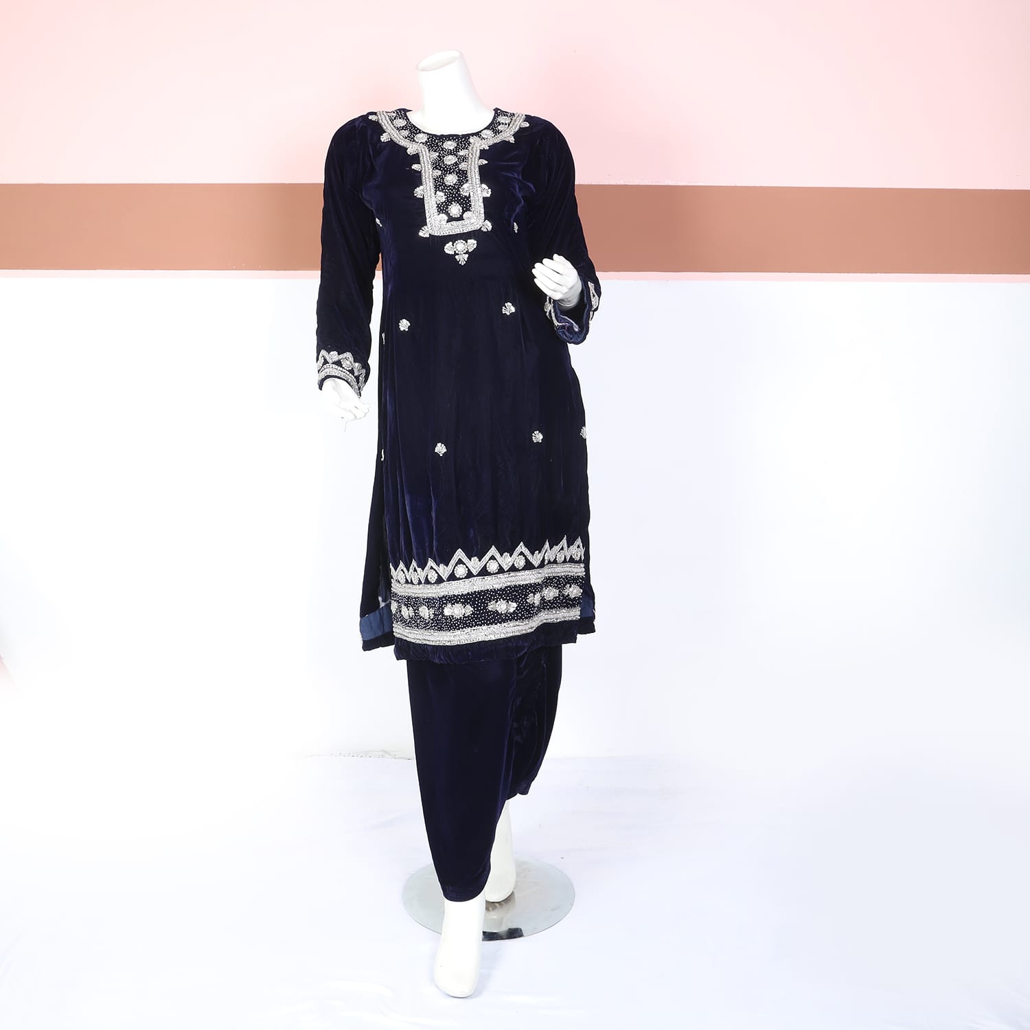 Navy Blue Velvet Embroidered Traditional Suit