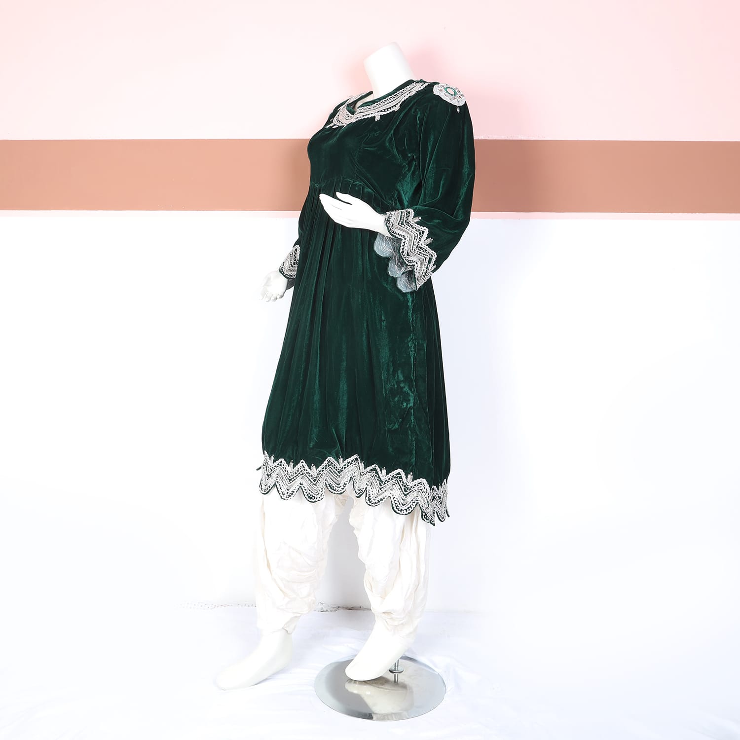Emerald Green Velvet Traditional Dress with White Shalwar