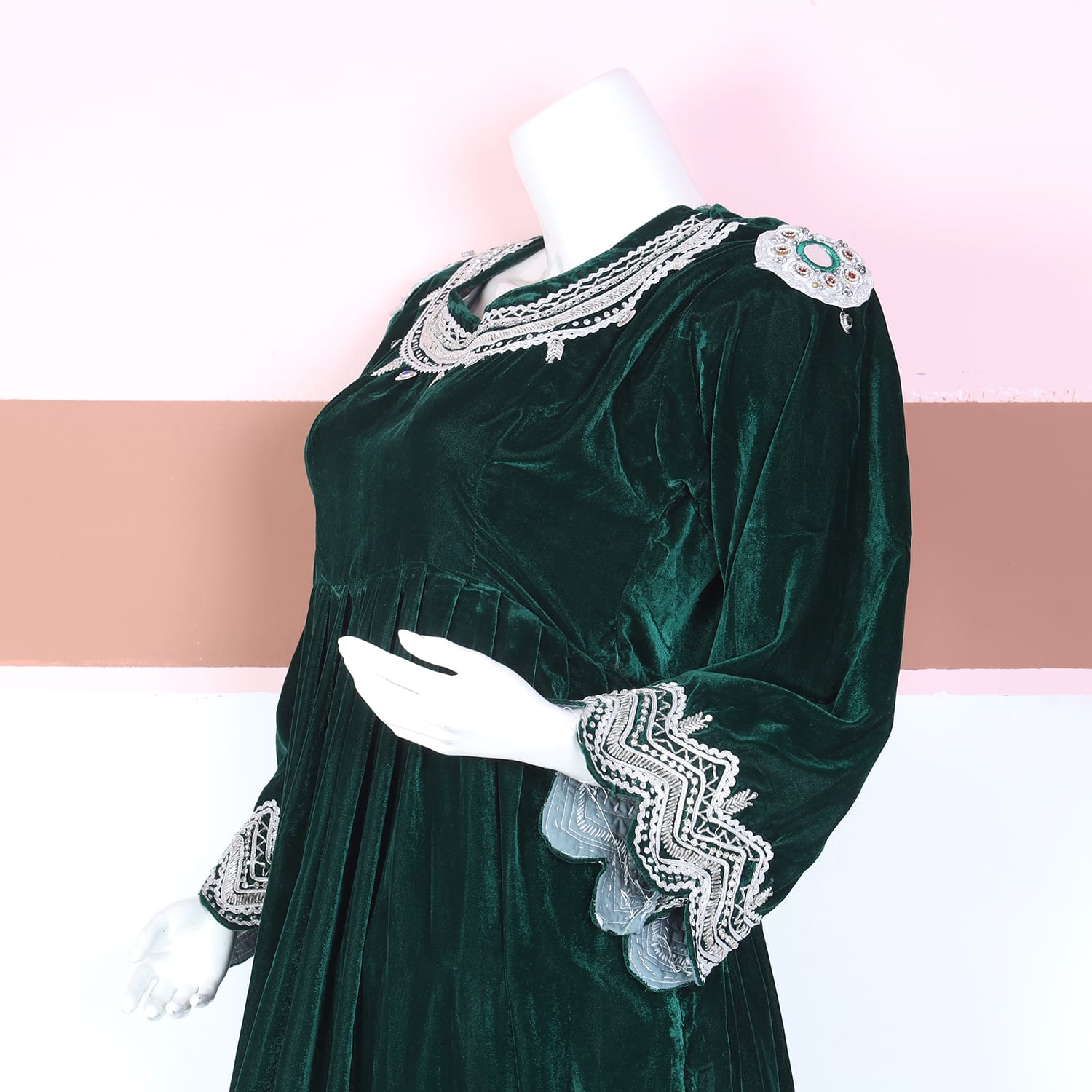 Emerald Green Velvet Traditional Dress with White Shalwar