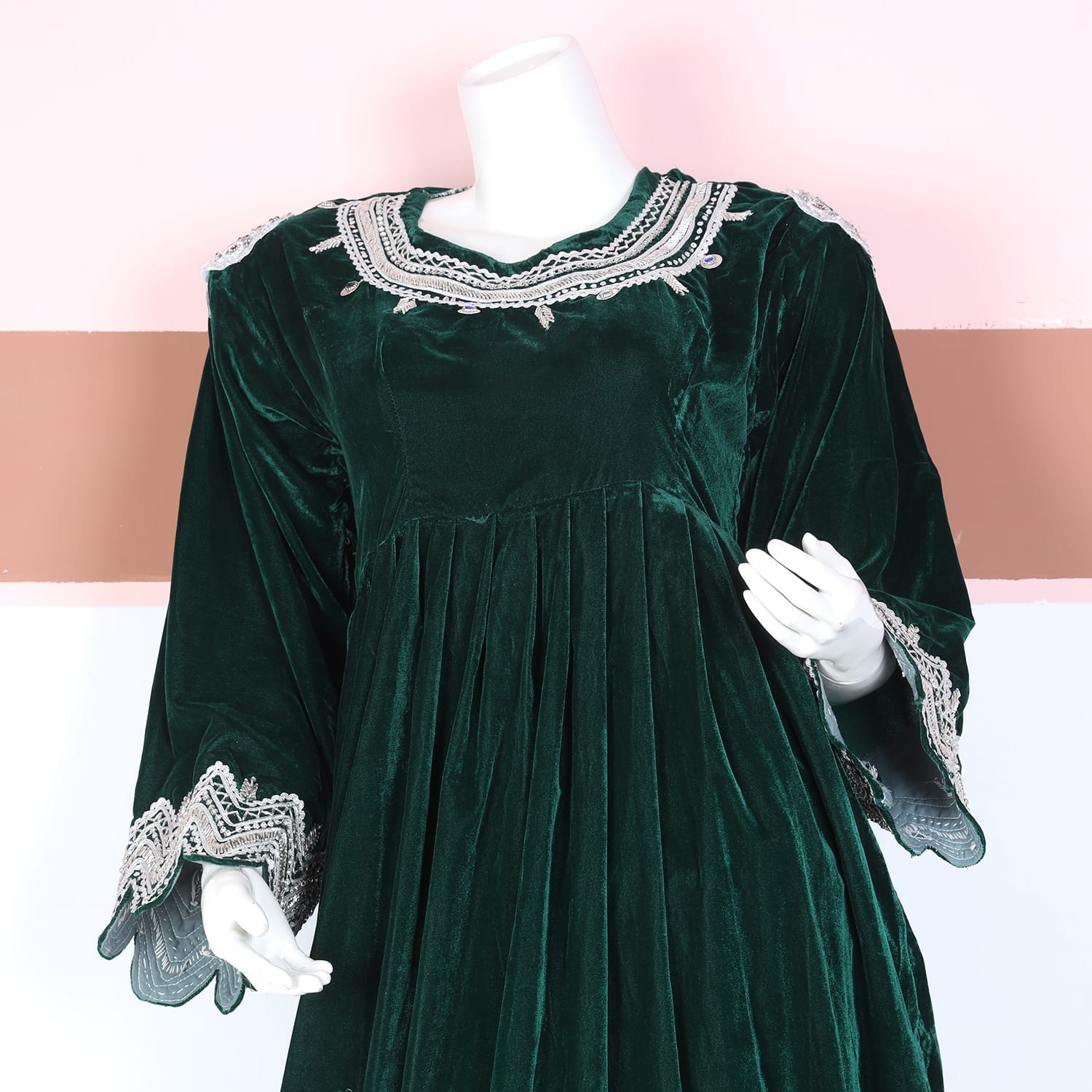 Emerald Green Velvet Traditional Dress with White Shalwar
