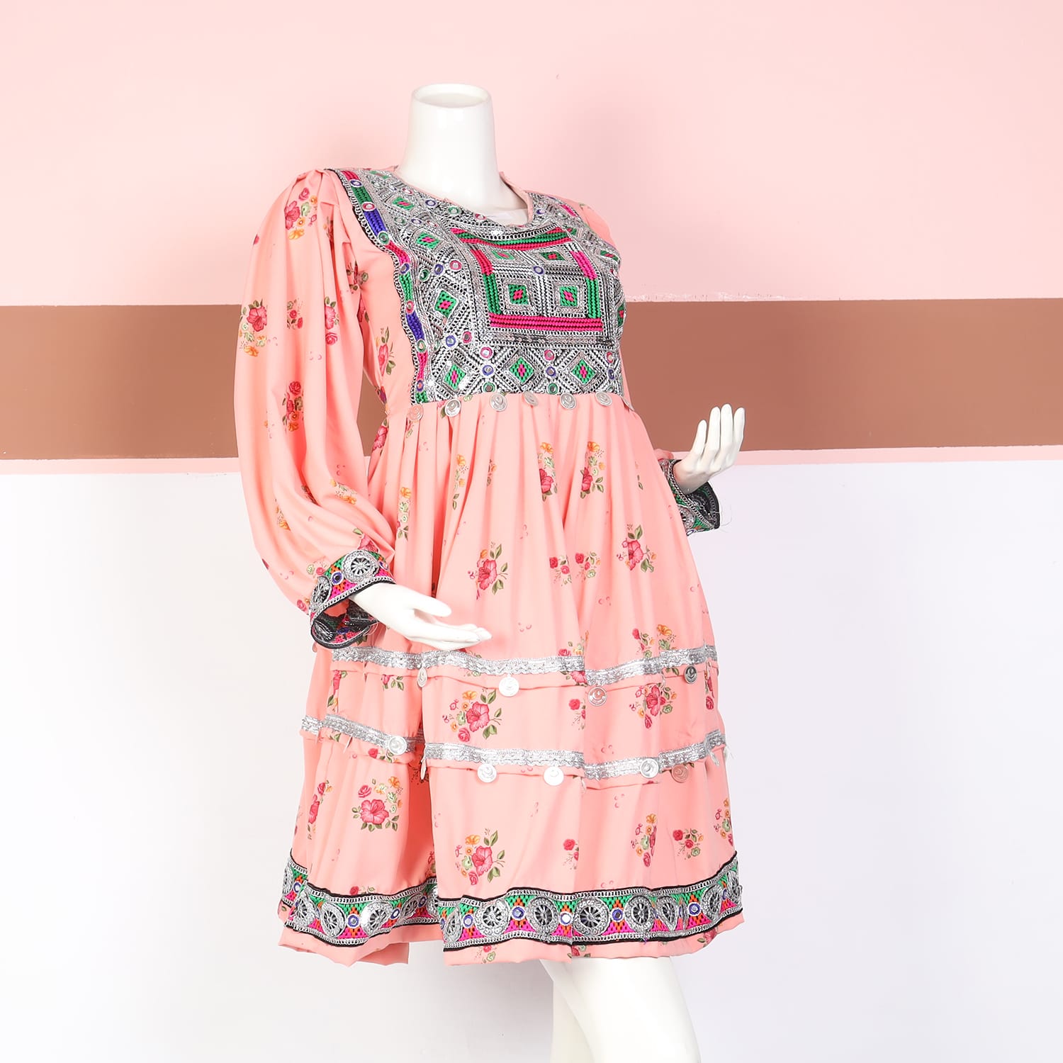 Peach Floral Balochi Frock – Embroidered Ethnic Dress
