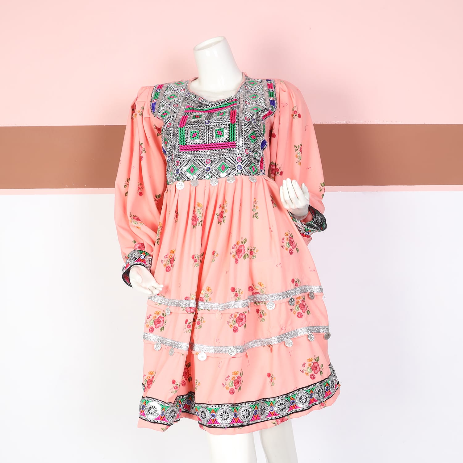 Peach Floral Balochi Frock – Embroidered Ethnic Dress